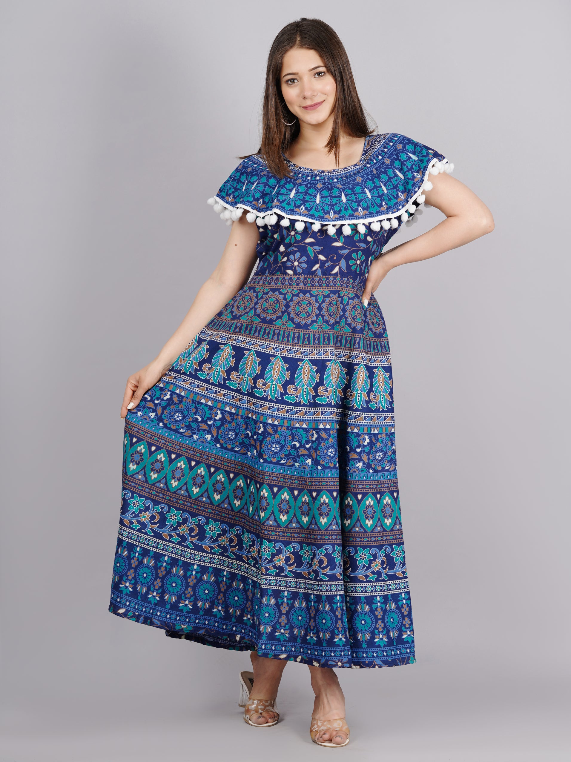 Women’s Navy Blue Ethnic Printed Midi Dress – Flared A-Line Fit with Pom-Pom Detailing
