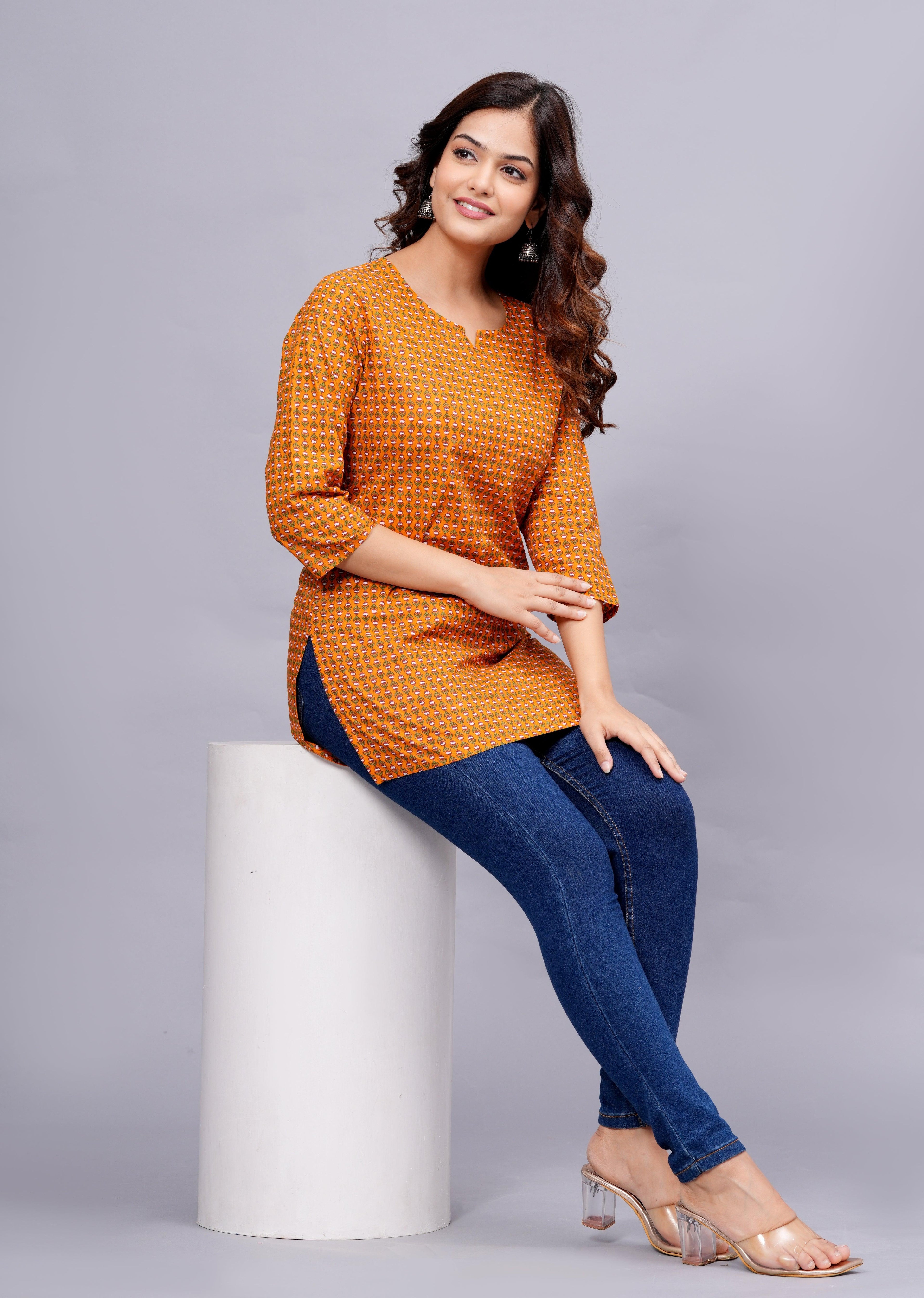 Floral Printed Notched Neck Pure Cotton Kurti ROOPWATI FASHION