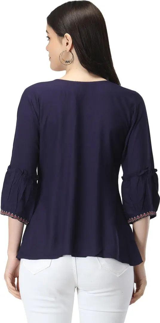 Navy Blue Floral Embroidered Empire Top ROOPWATI FASHION