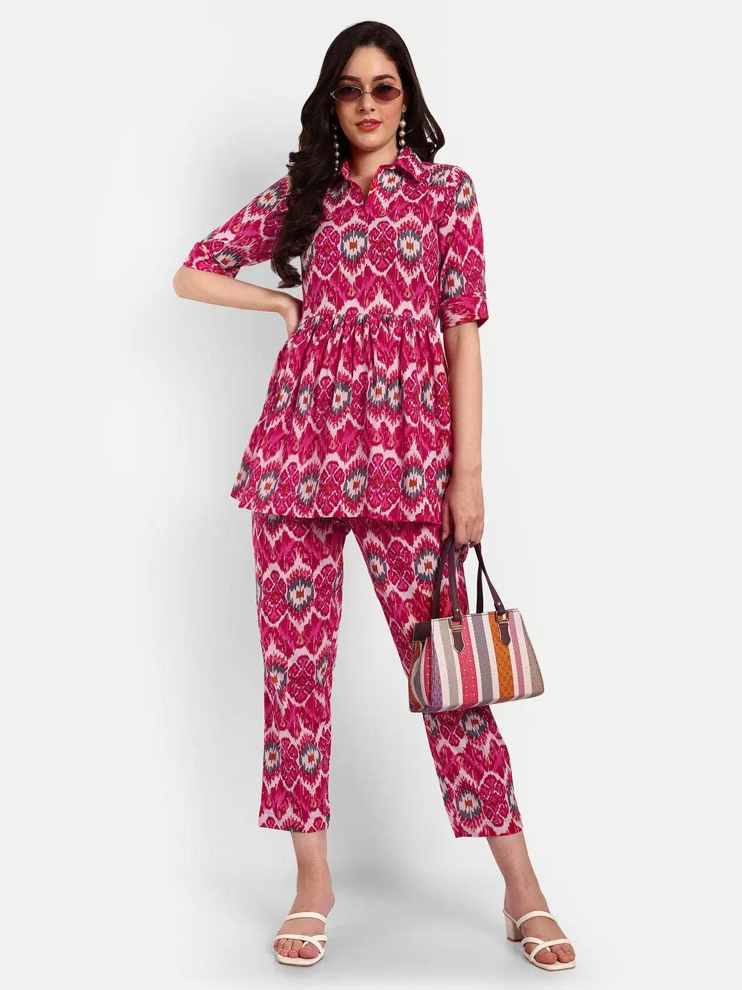 Ethnic Motifs Printed Pure Cotton Shirt Collar Top & Flared Trouser ROOPWATI FASHION