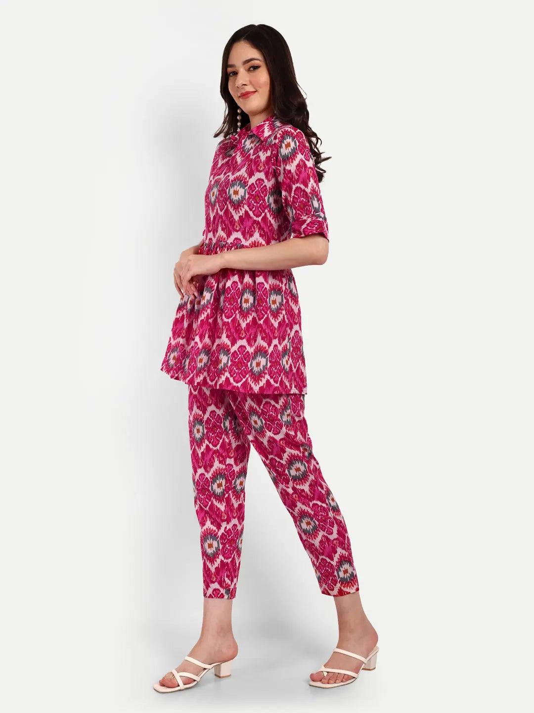 Ethnic Motifs Printed Pure Cotton Shirt Collar Top & Flared Trouser ROOPWATI FASHION