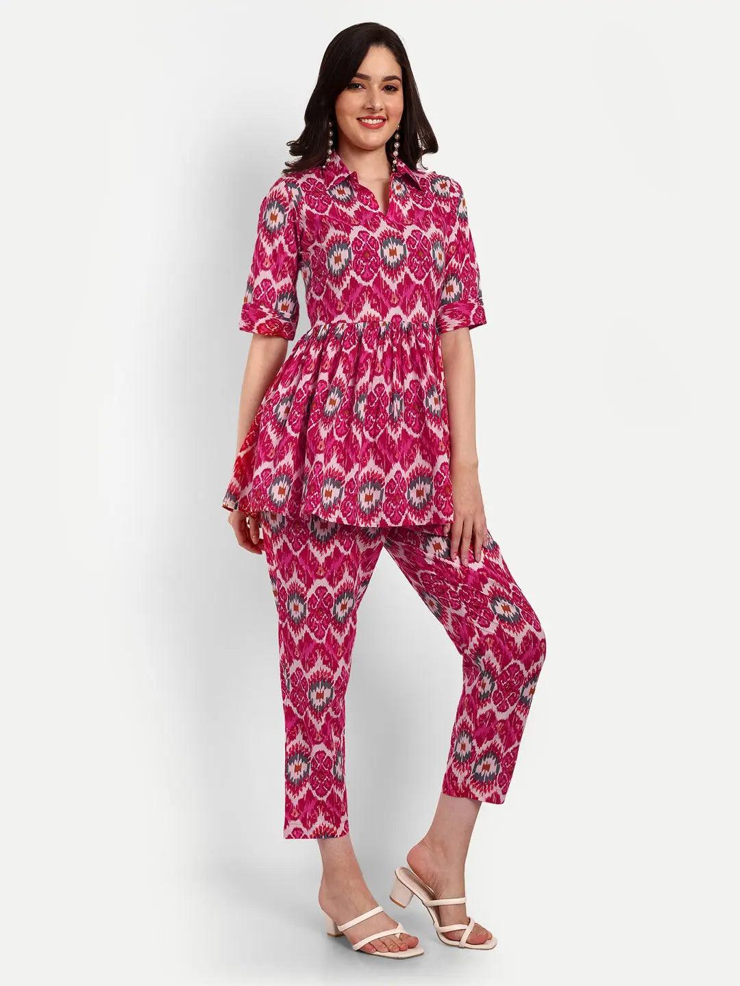 Ethnic Motifs Printed Pure Cotton Shirt Collar Top & Flared Trouser ROOPWATI FASHION