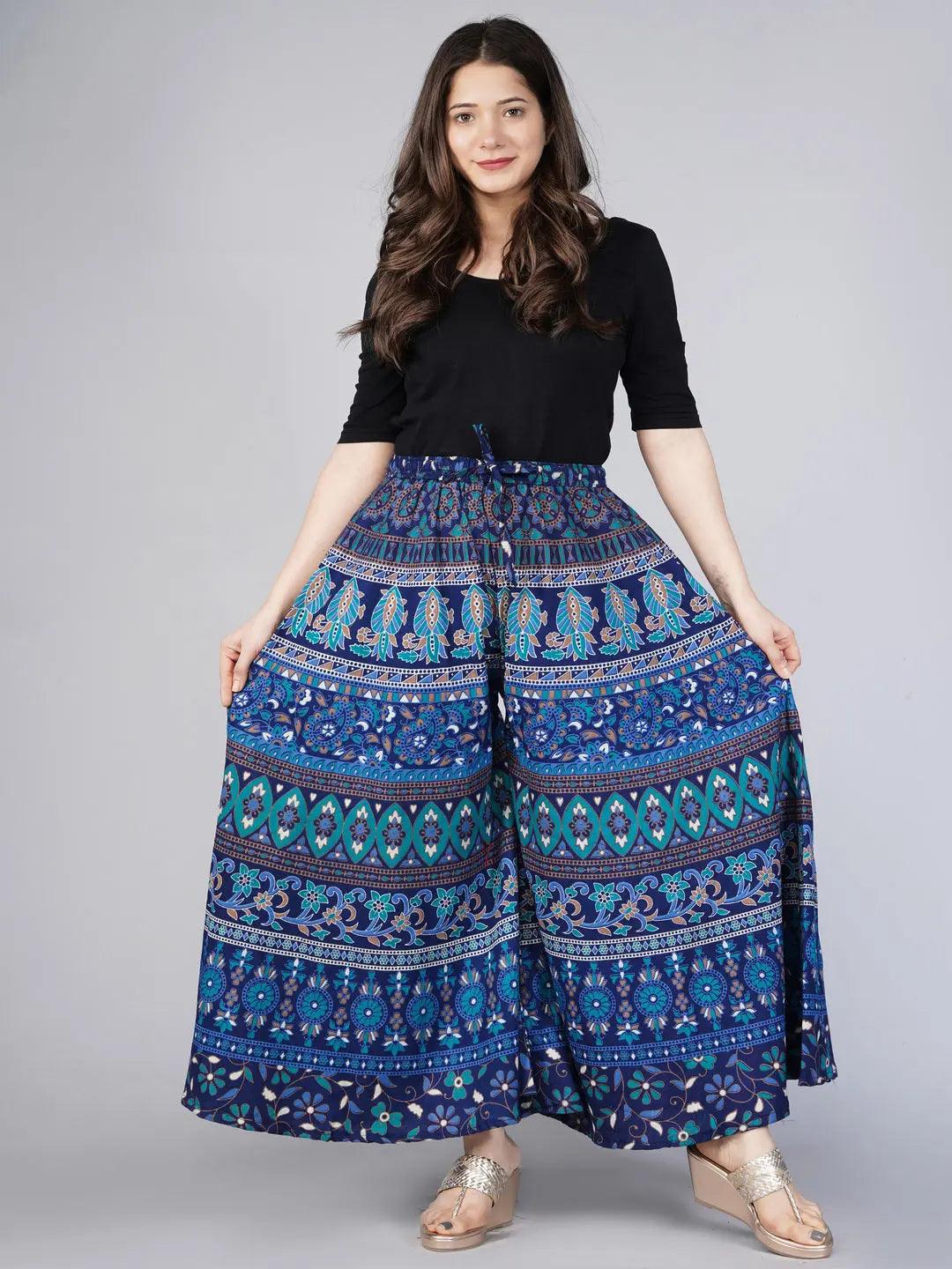 Women Navy Blue Ethnic Motifs Print Flared Palazzos ROOPWATI FASHION