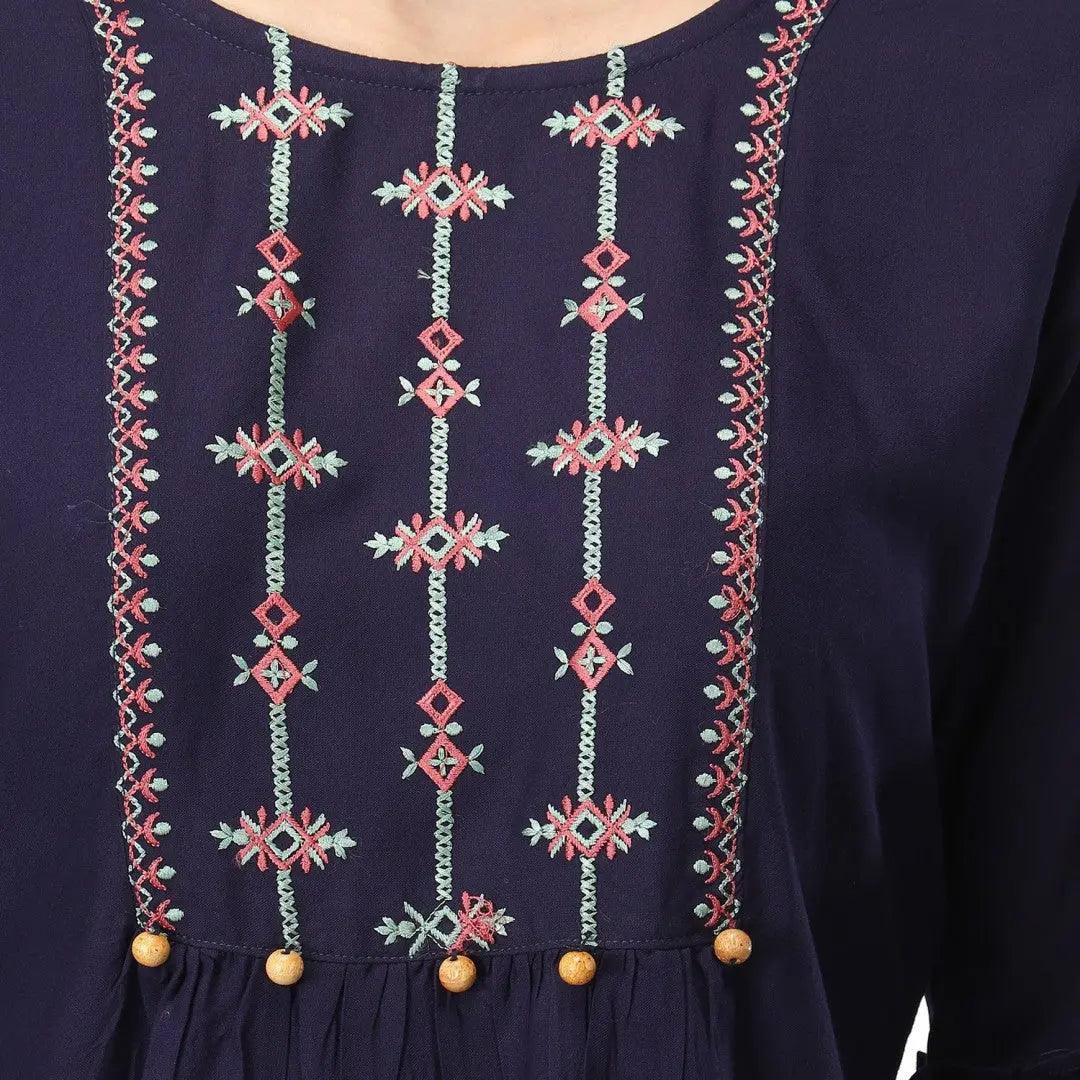 Navy Blue Floral Embroidered Empire Top ROOPWATI FASHION