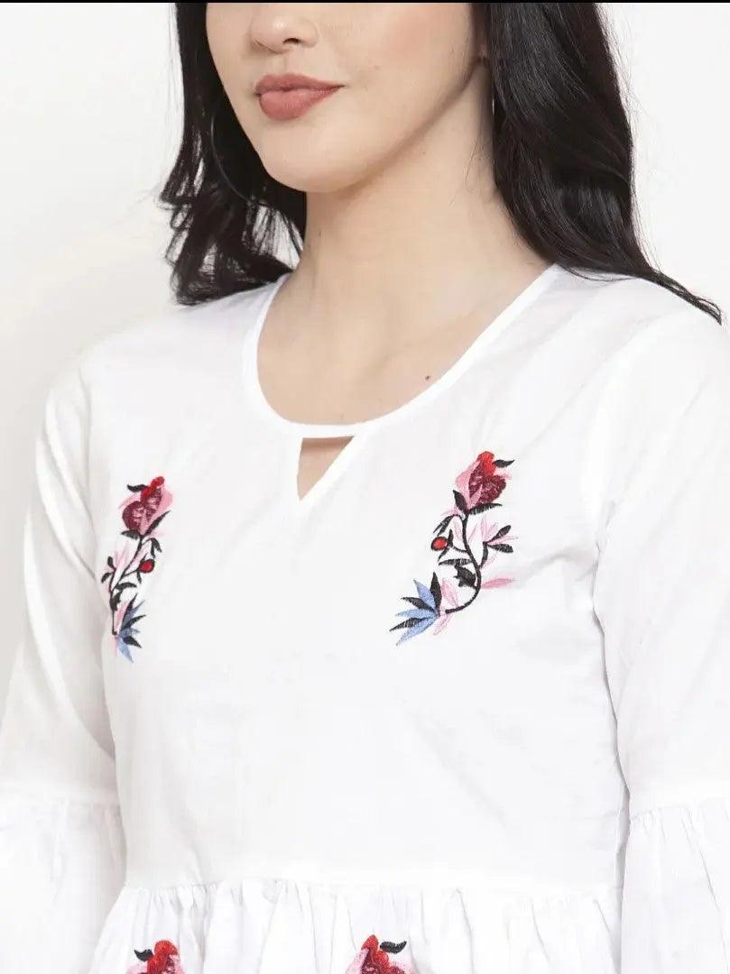 Floral Embroidered Keyhole Neck Bell Sleeves Cotton Peplum Top ROOPWATI FASHION