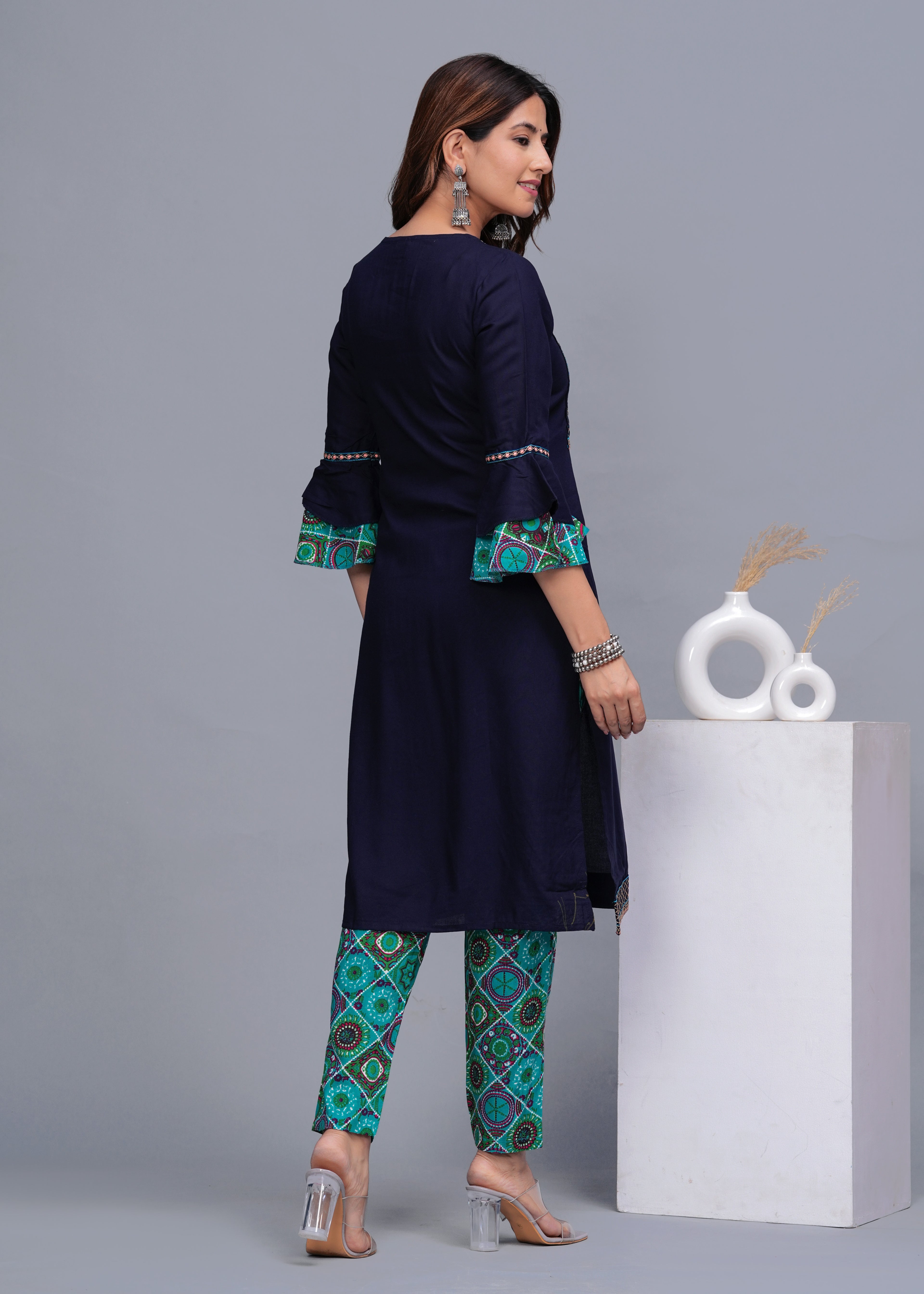 Navy Blue Embroidered Cotton Kurta Set with Printed Pants