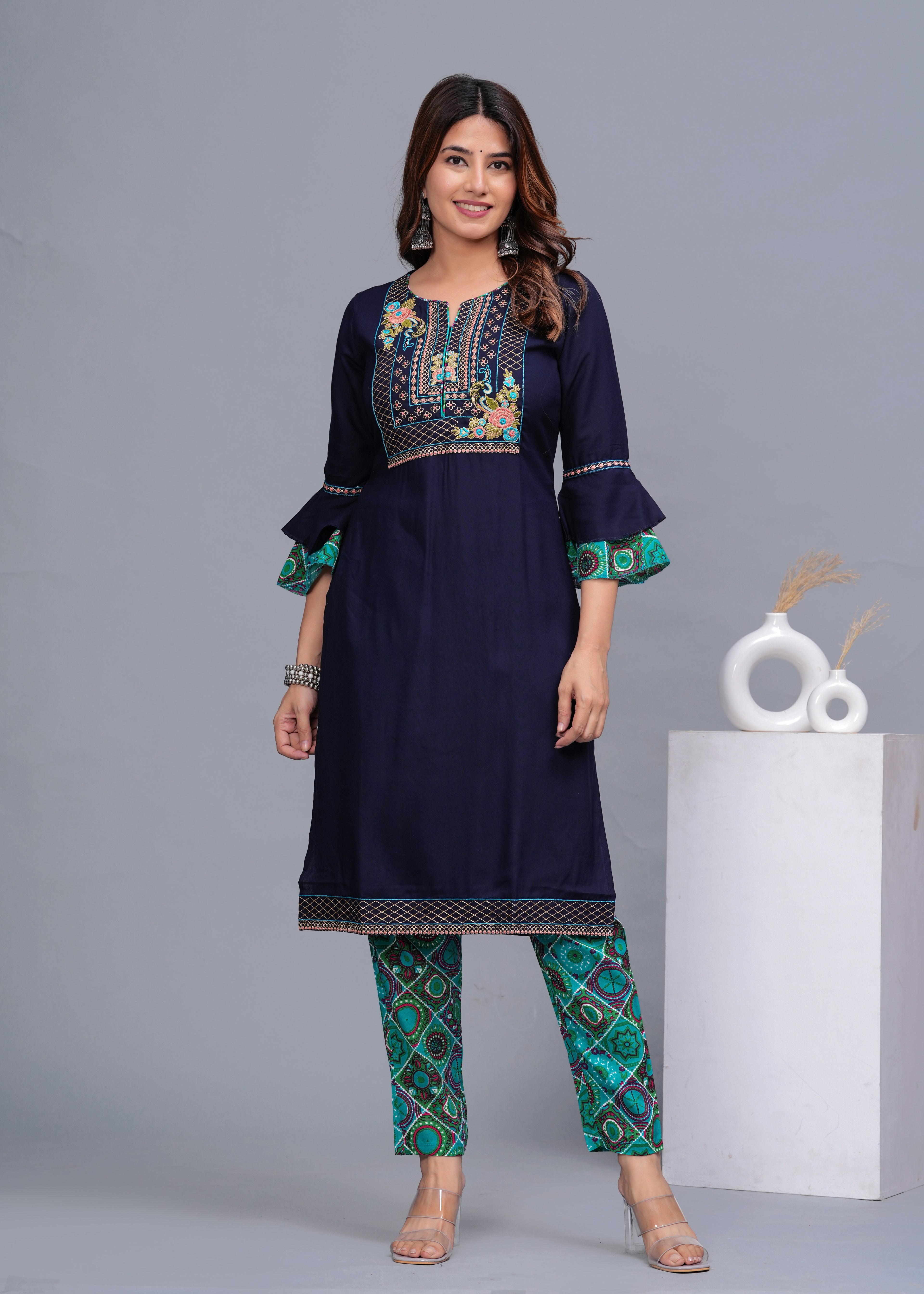 Navy Blue Embroidered Cotton Kurta Set with Printed Pants