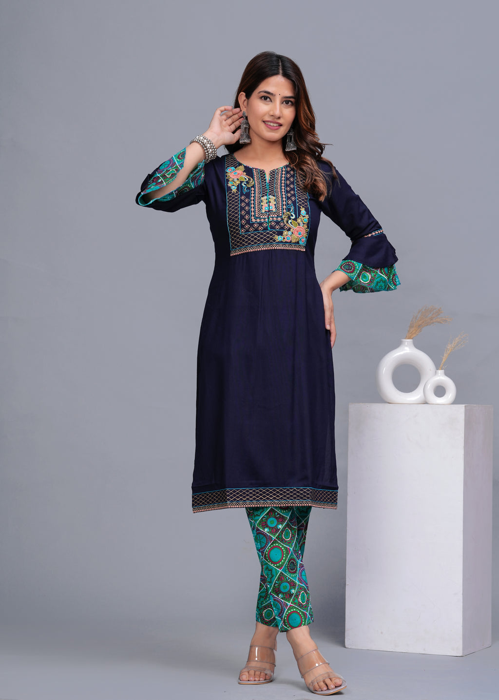 Navy Blue Embroidered Cotton Kurta Set with Printed Pants