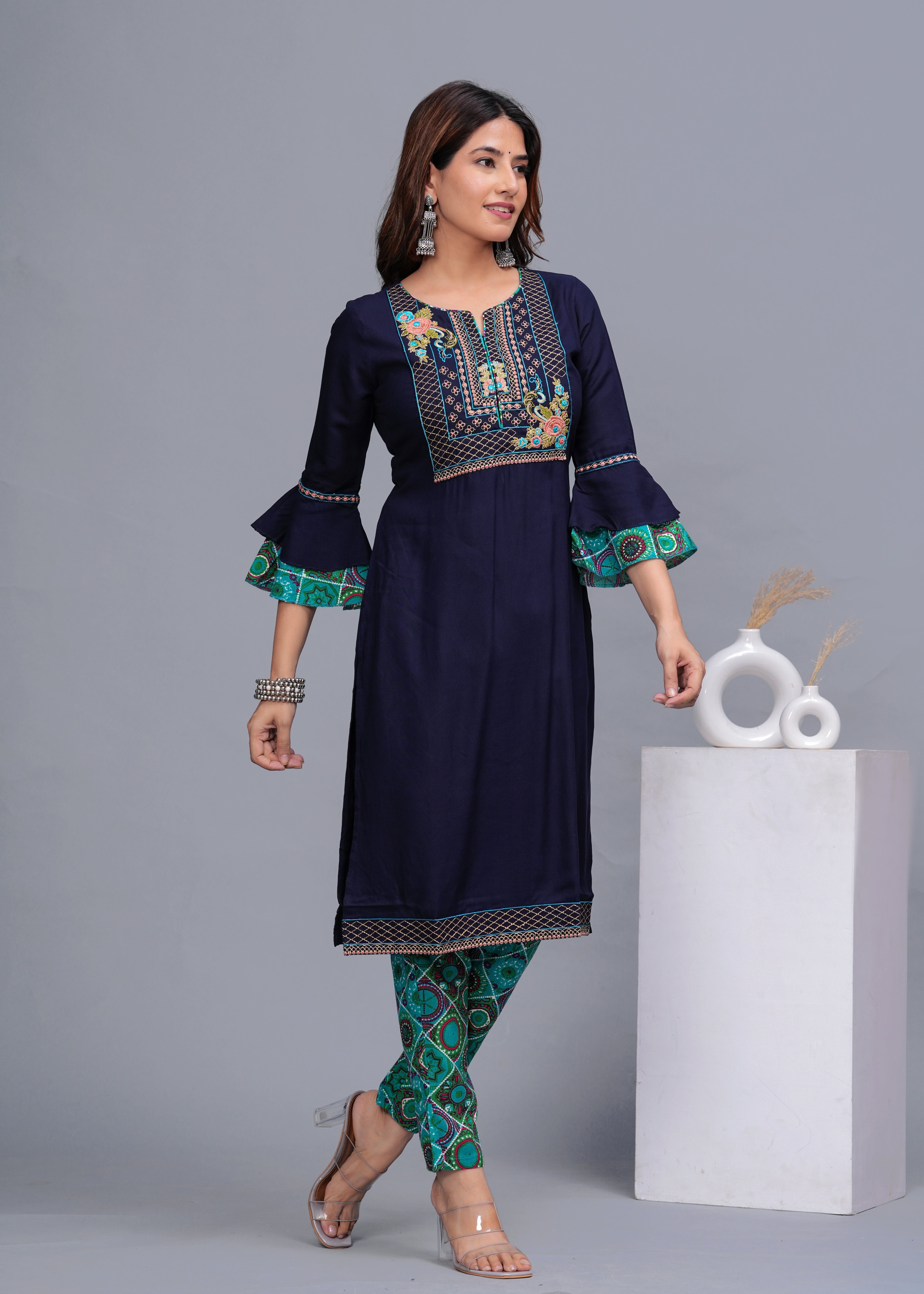 Navy Blue Embroidered Cotton Kurta Set with Printed Pants