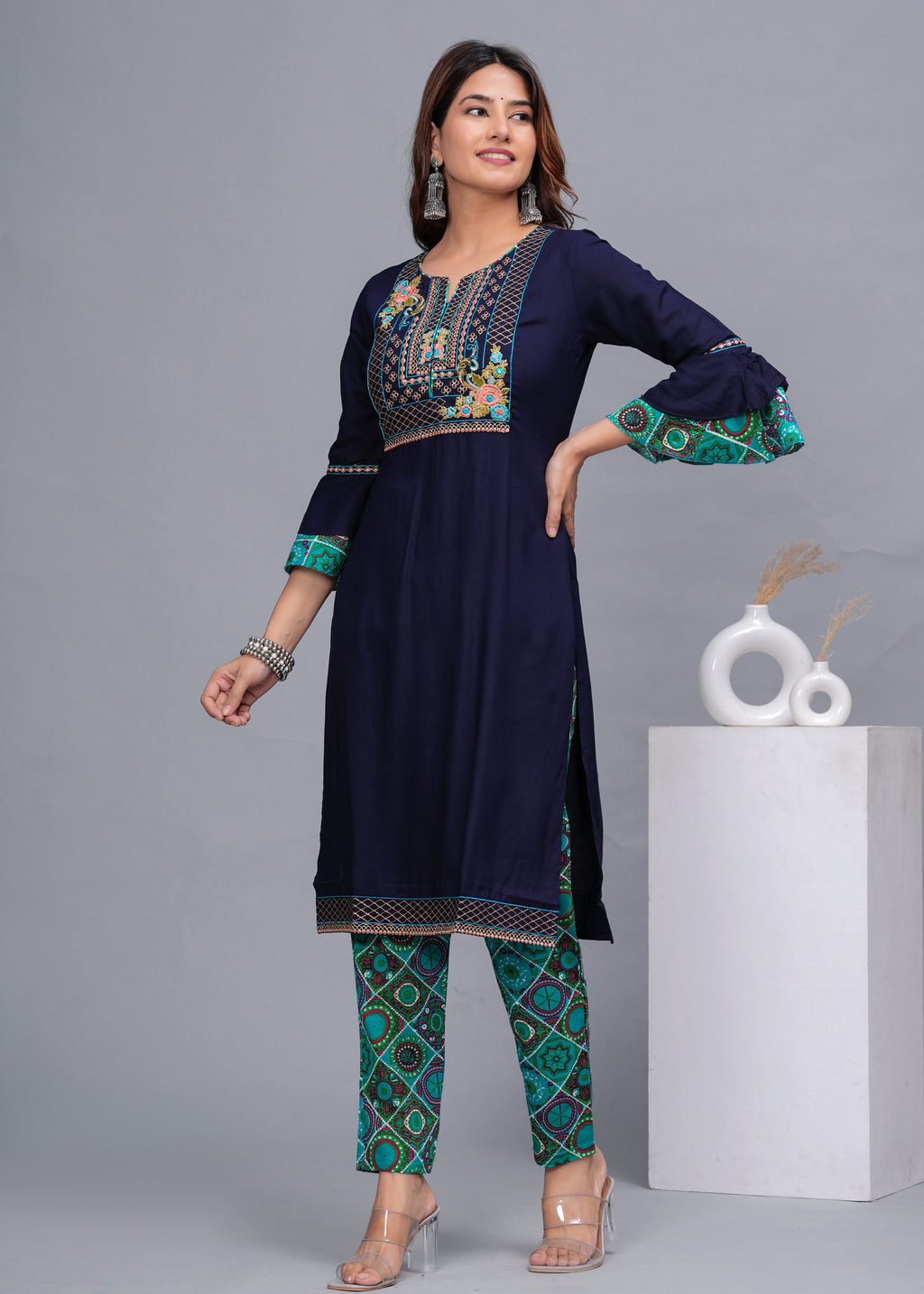 Navy Blue Embroidered Cotton Kurta Set with Printed Pants
