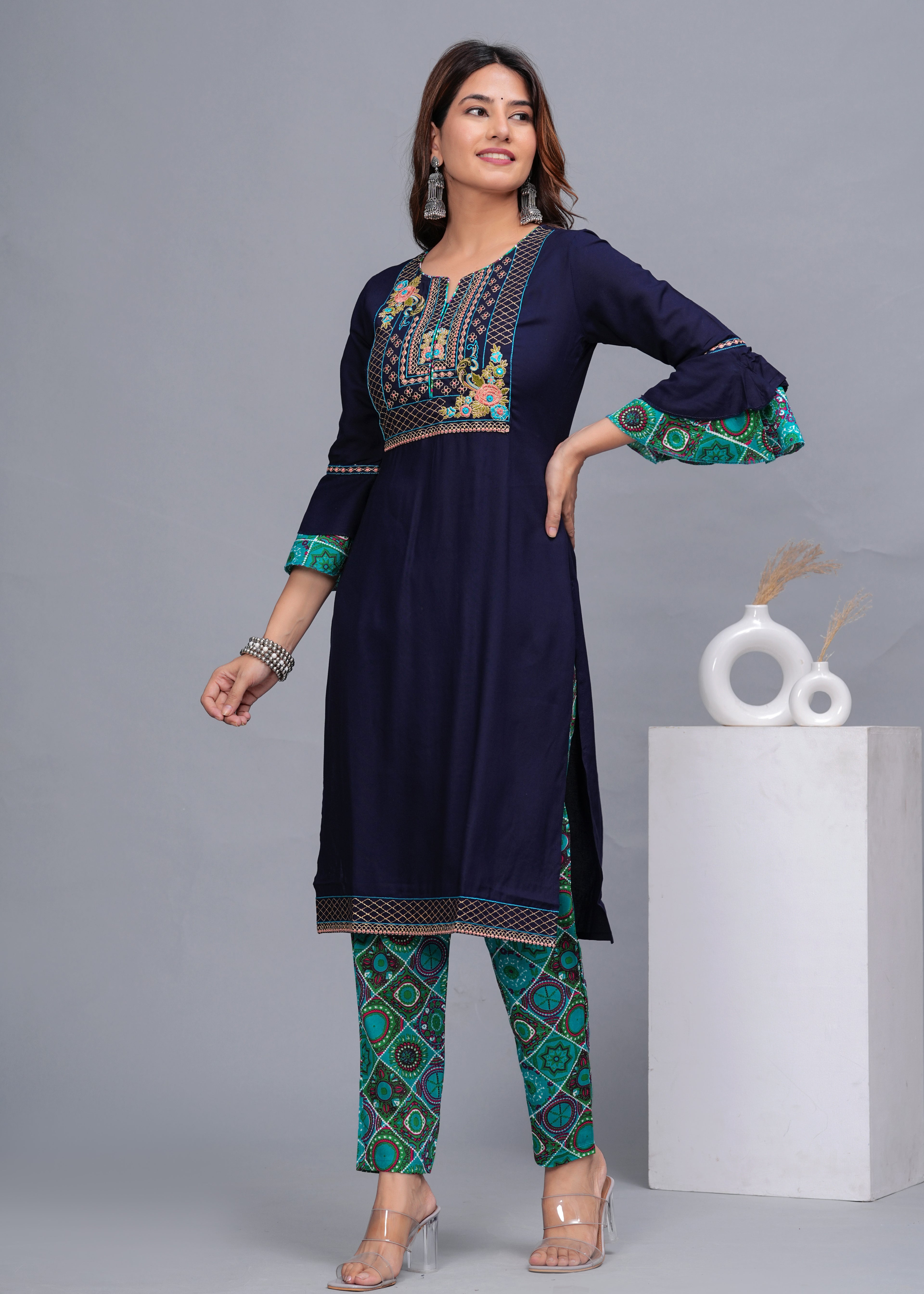 Navy Blue Embroidered Cotton Kurta Set with Printed Pants