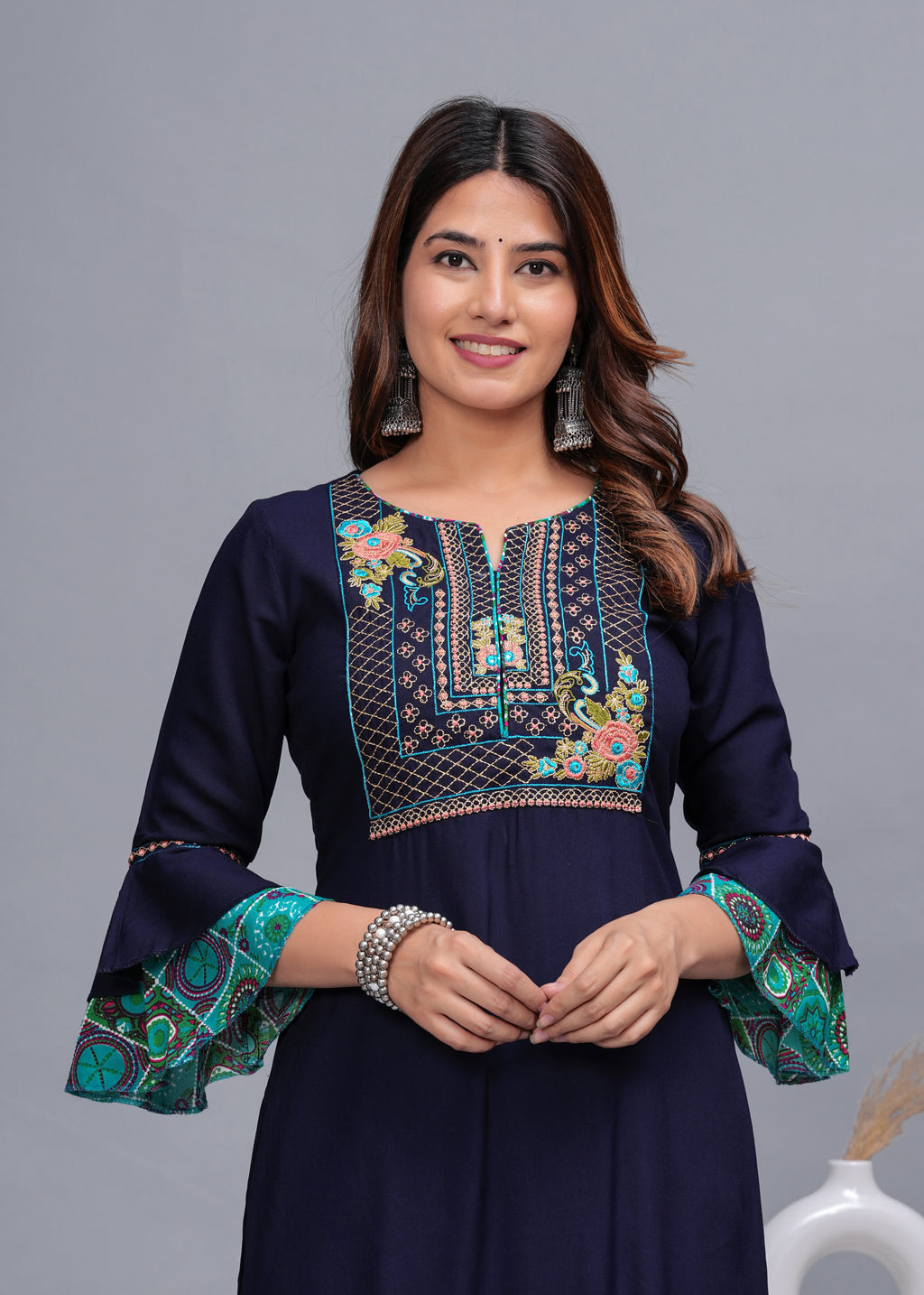 Navy Blue Embroidered Cotton Kurta Set with Printed Pants