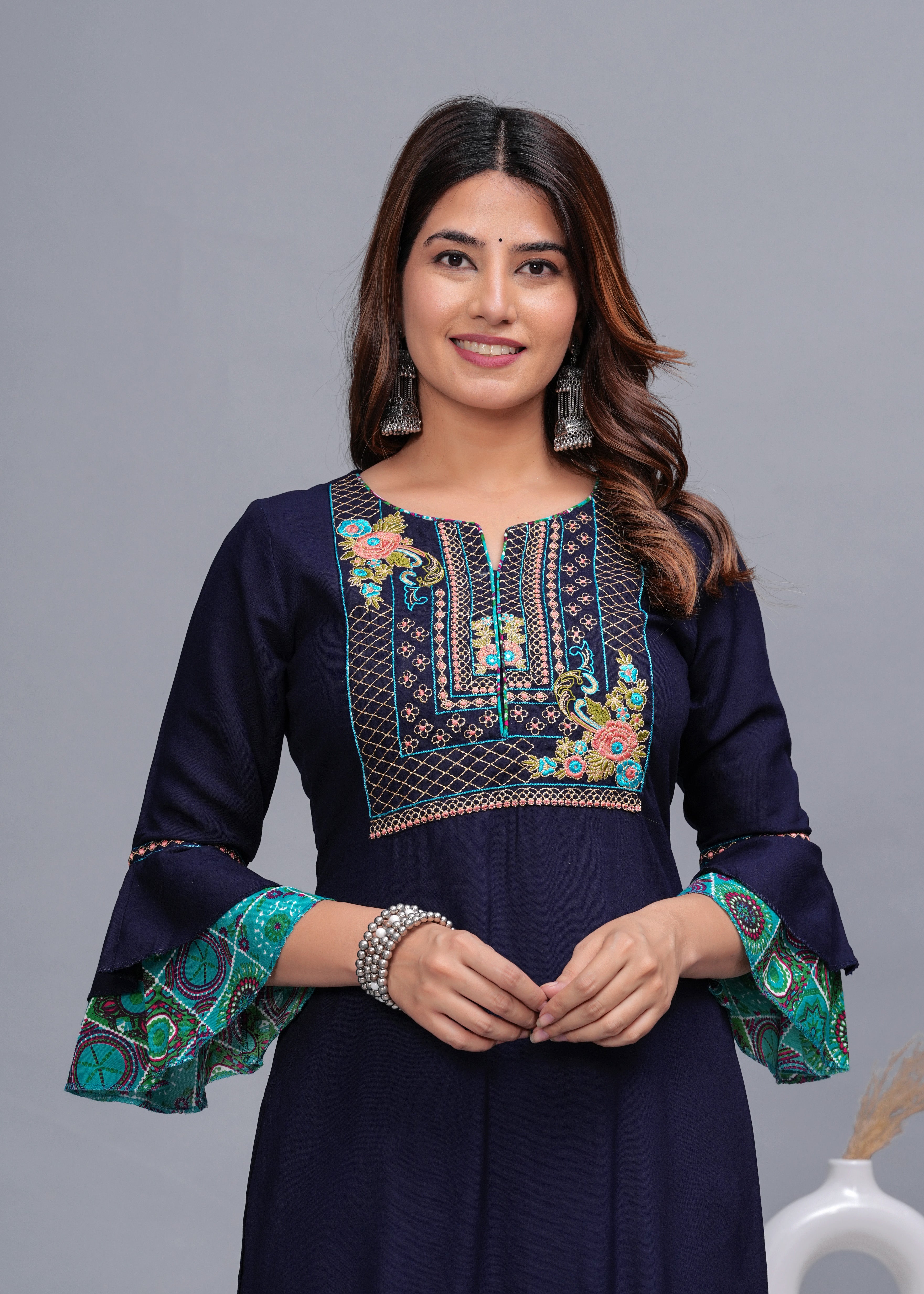 Navy Blue Embroidered Cotton Kurta Set with Printed Pants