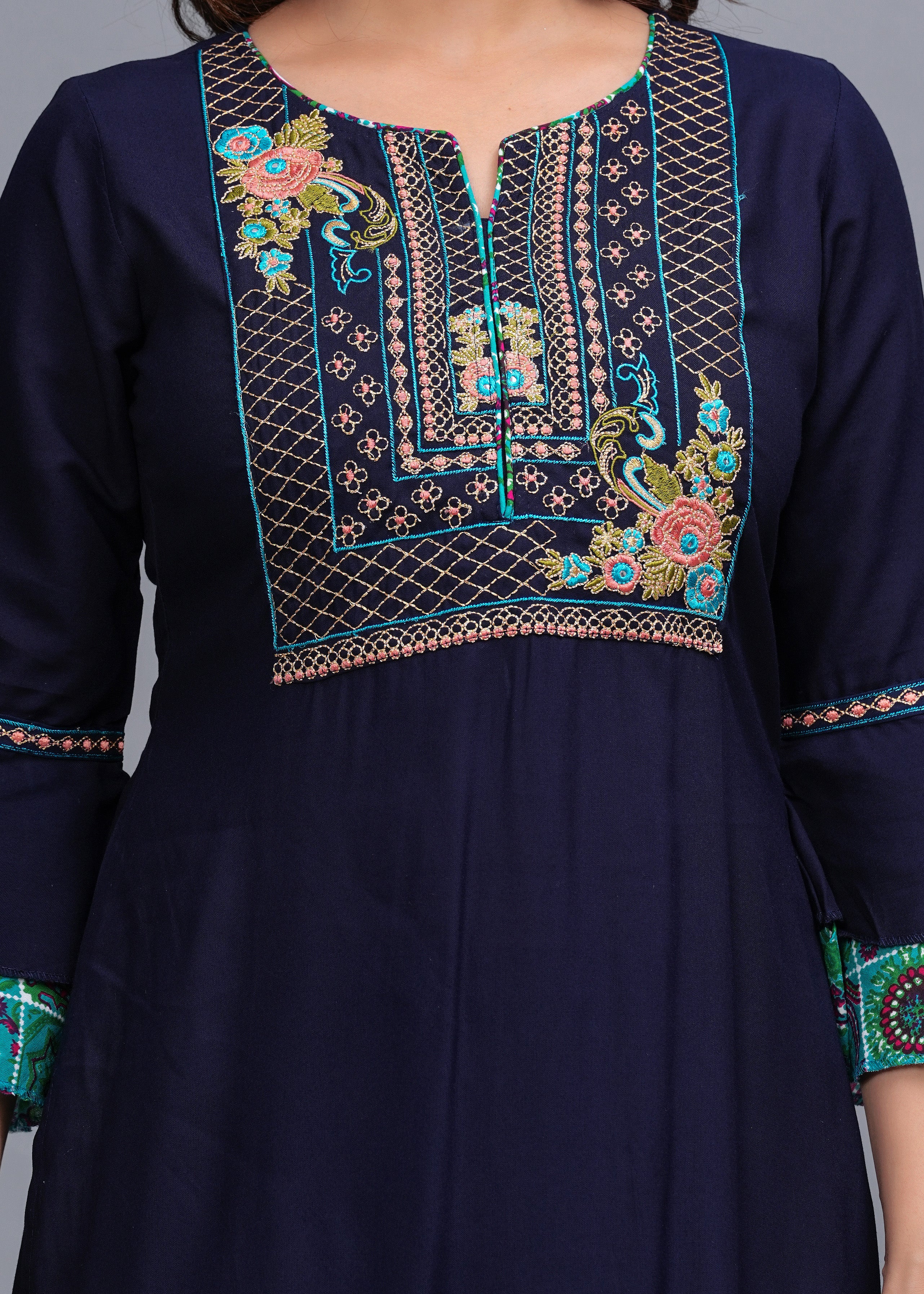 Navy Blue Embroidered Cotton Kurta Set with Printed Pants