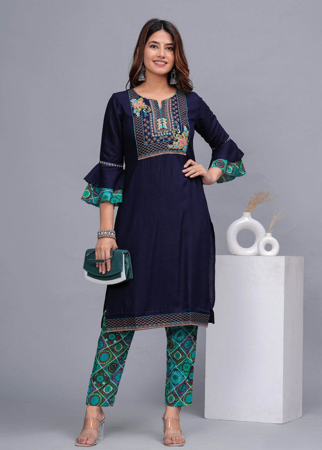Navy Blue Embroidered Cotton Kurta Set with Printed Pants
