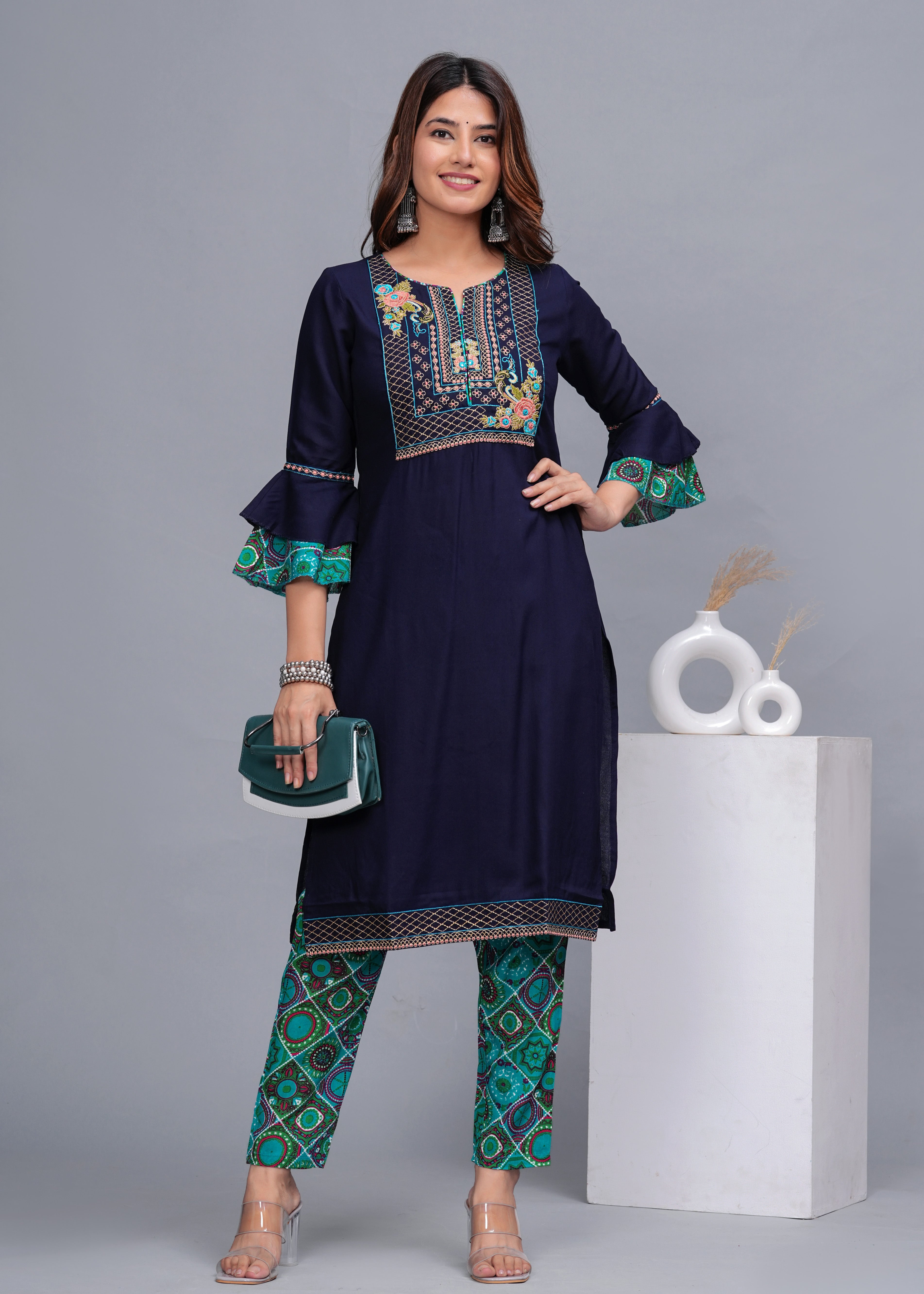 Navy Blue Embroidered Cotton Kurta Set with Printed Pants