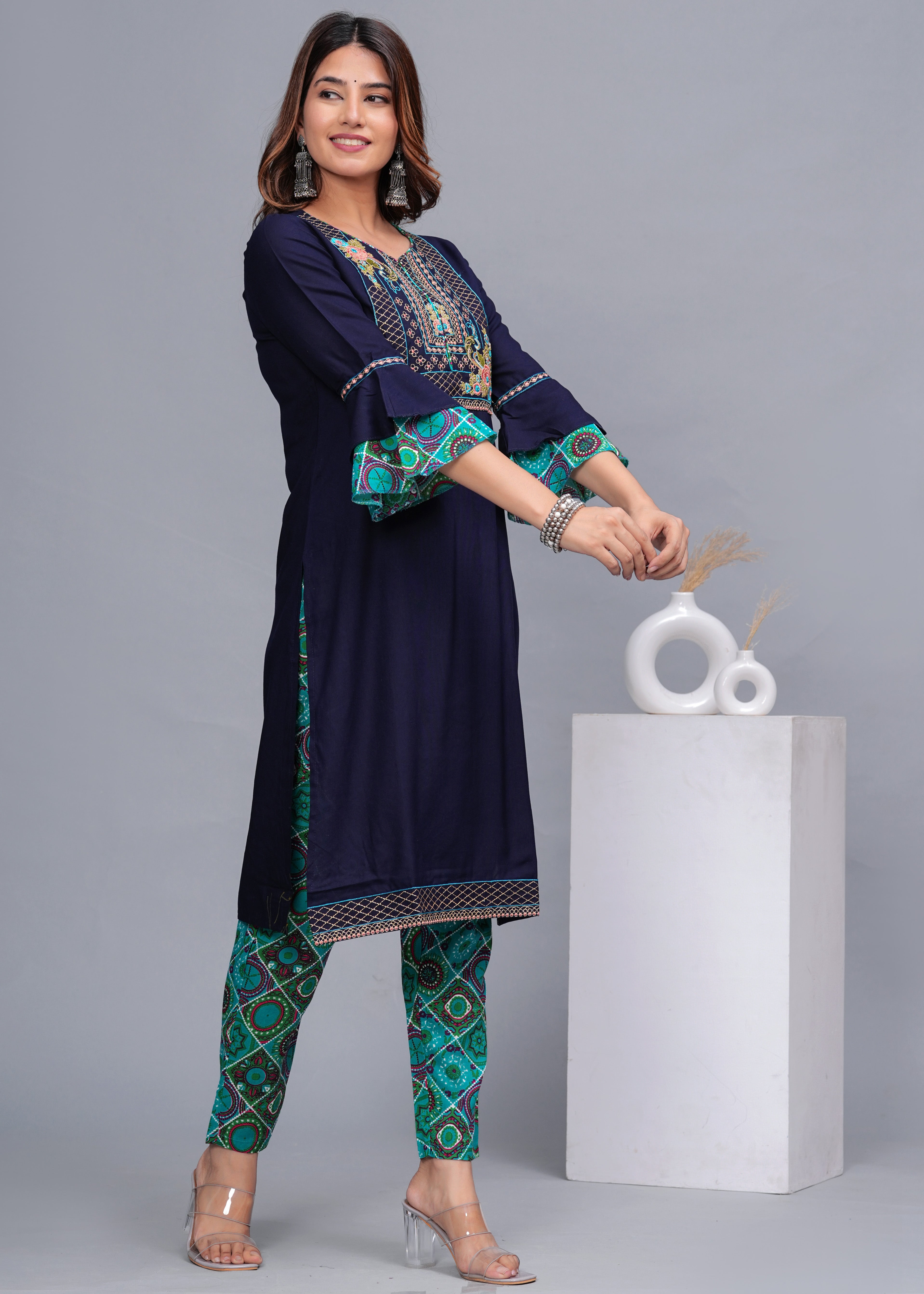 Navy Blue Embroidered Cotton Kurta Set with Printed Pants