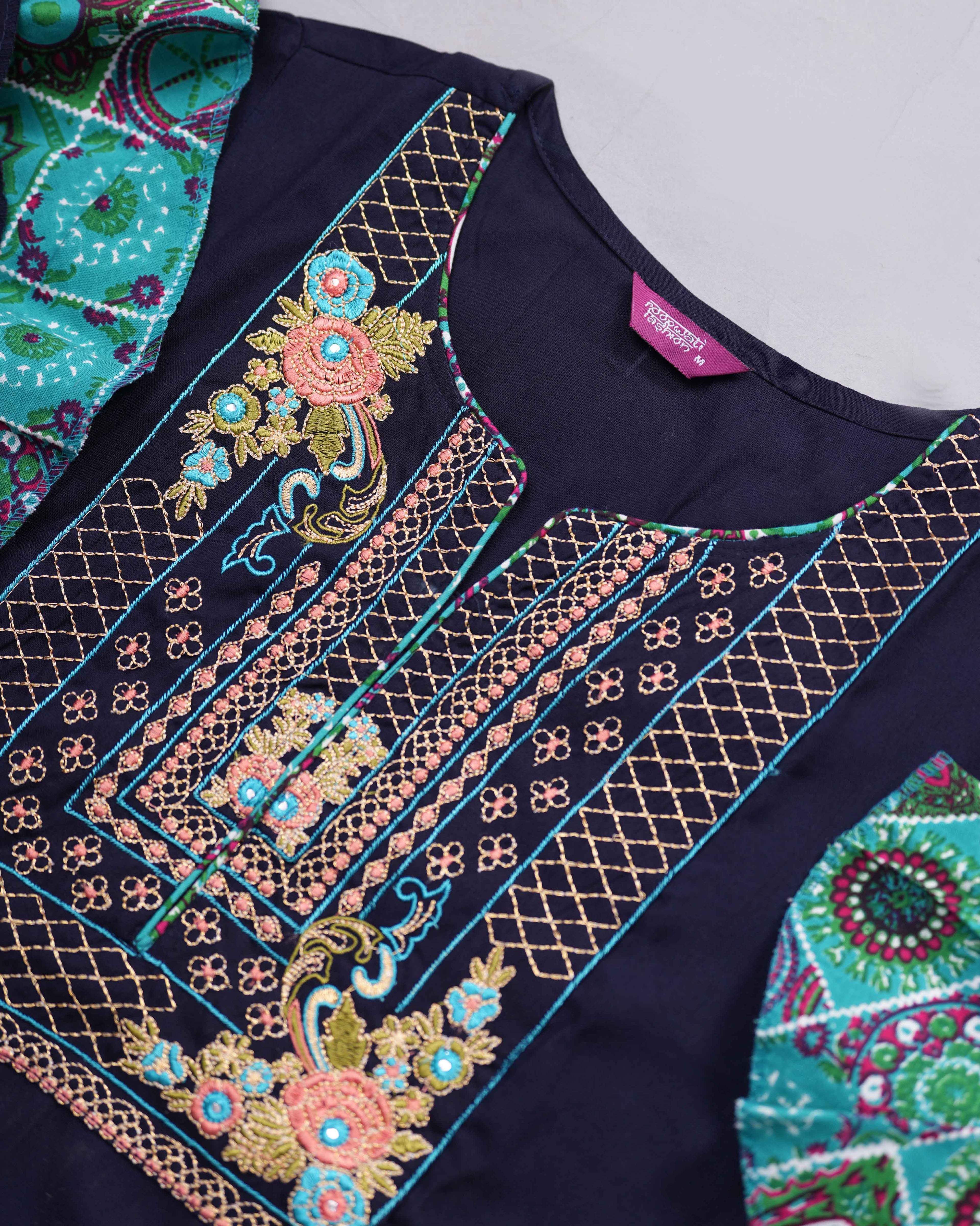 Navy Blue Embroidered Cotton Kurta Set with Printed Pants