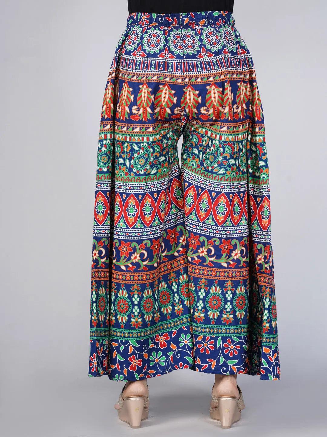 Women Blue & Green Ethnic Motifs Rajasthani Printed Flared Knitted Palazzos ROOPWATI FASHION