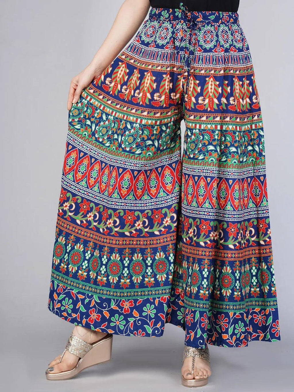 Women Blue & Green Ethnic Motifs Rajasthani Printed Flared Knitted Palazzos ROOPWATI FASHION