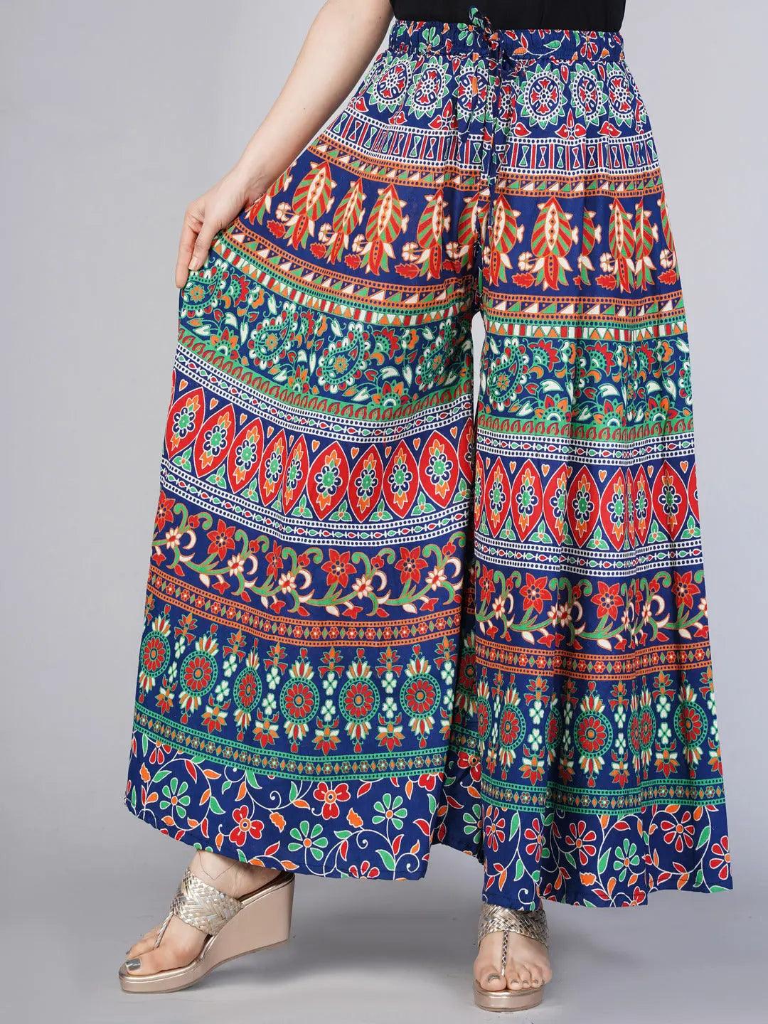 Women Blue & Green Ethnic Motifs Rajasthani Printed Flared Knitted Palazzos ROOPWATI FASHION