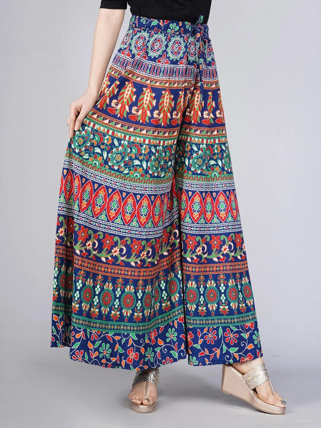 Women Blue & Green Ethnic Motifs Rajasthani Printed Flared Knitted Palazzos ROOPWATI FASHION