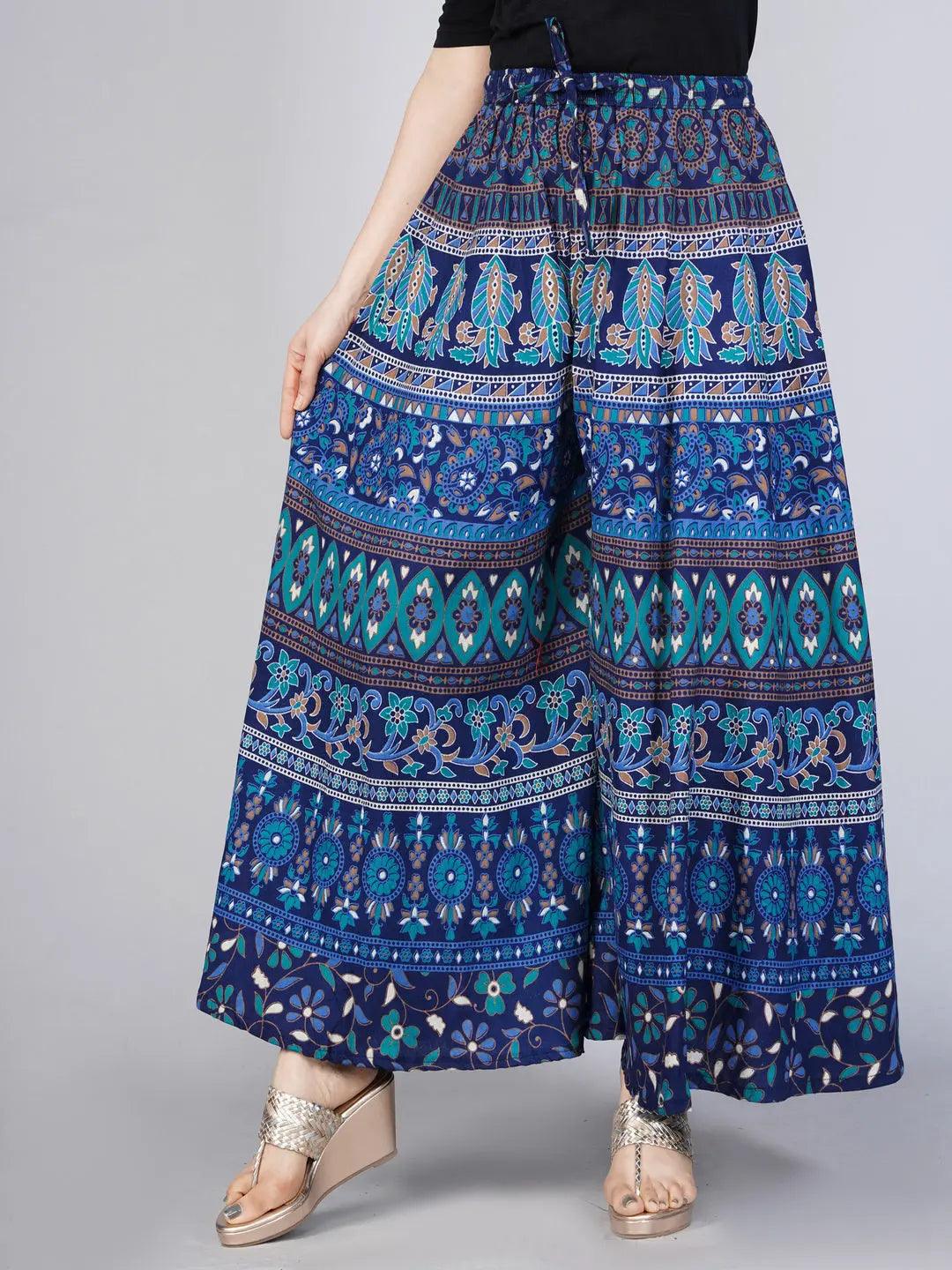 Women Navy Blue Ethnic Motifs Print Flared Palazzos ROOPWATI FASHION