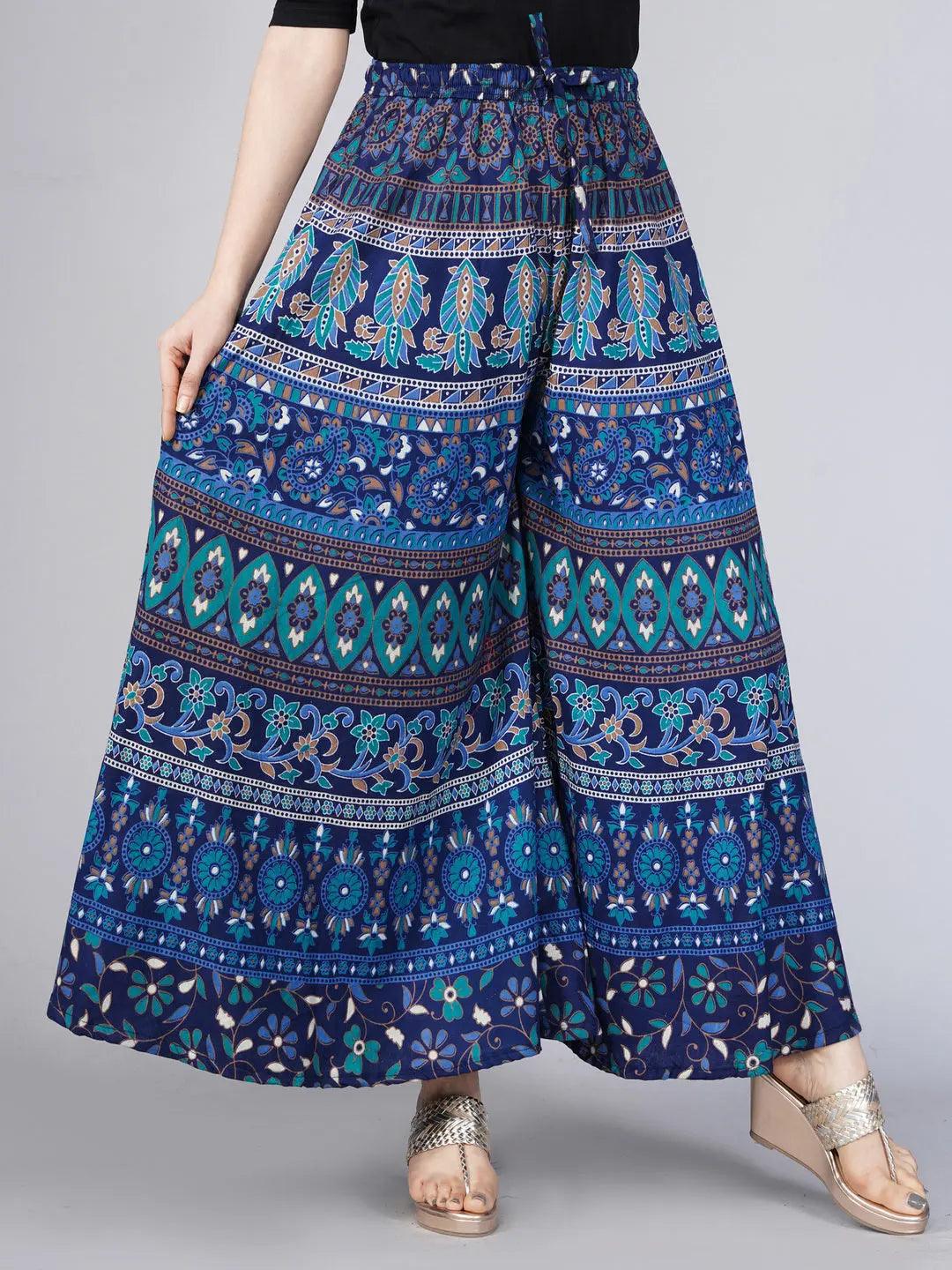 Women Navy Blue Ethnic Motifs Print Flared Palazzos ROOPWATI FASHION