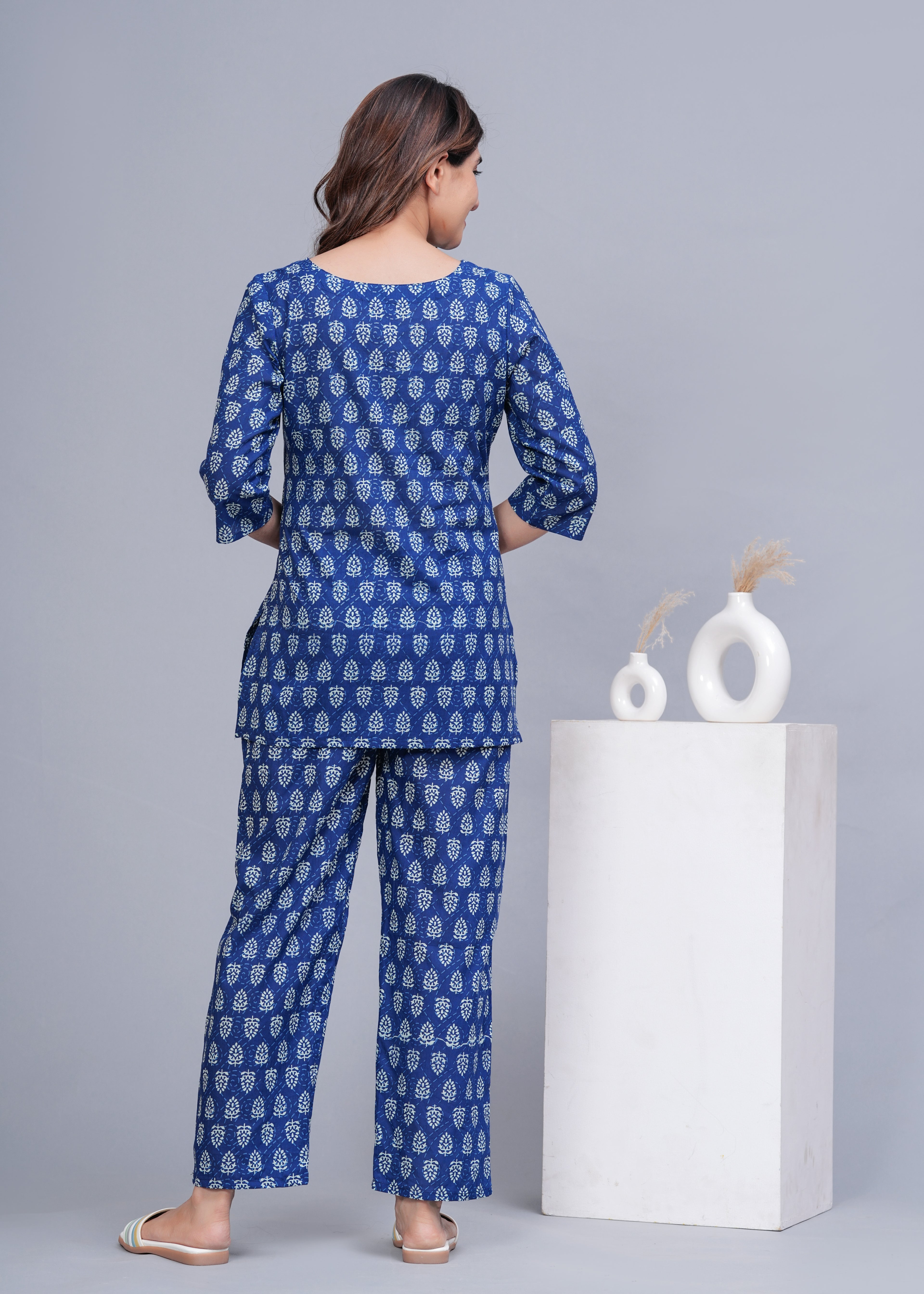 Women Blue & White Printed Pure Cotton Co-Ord Set