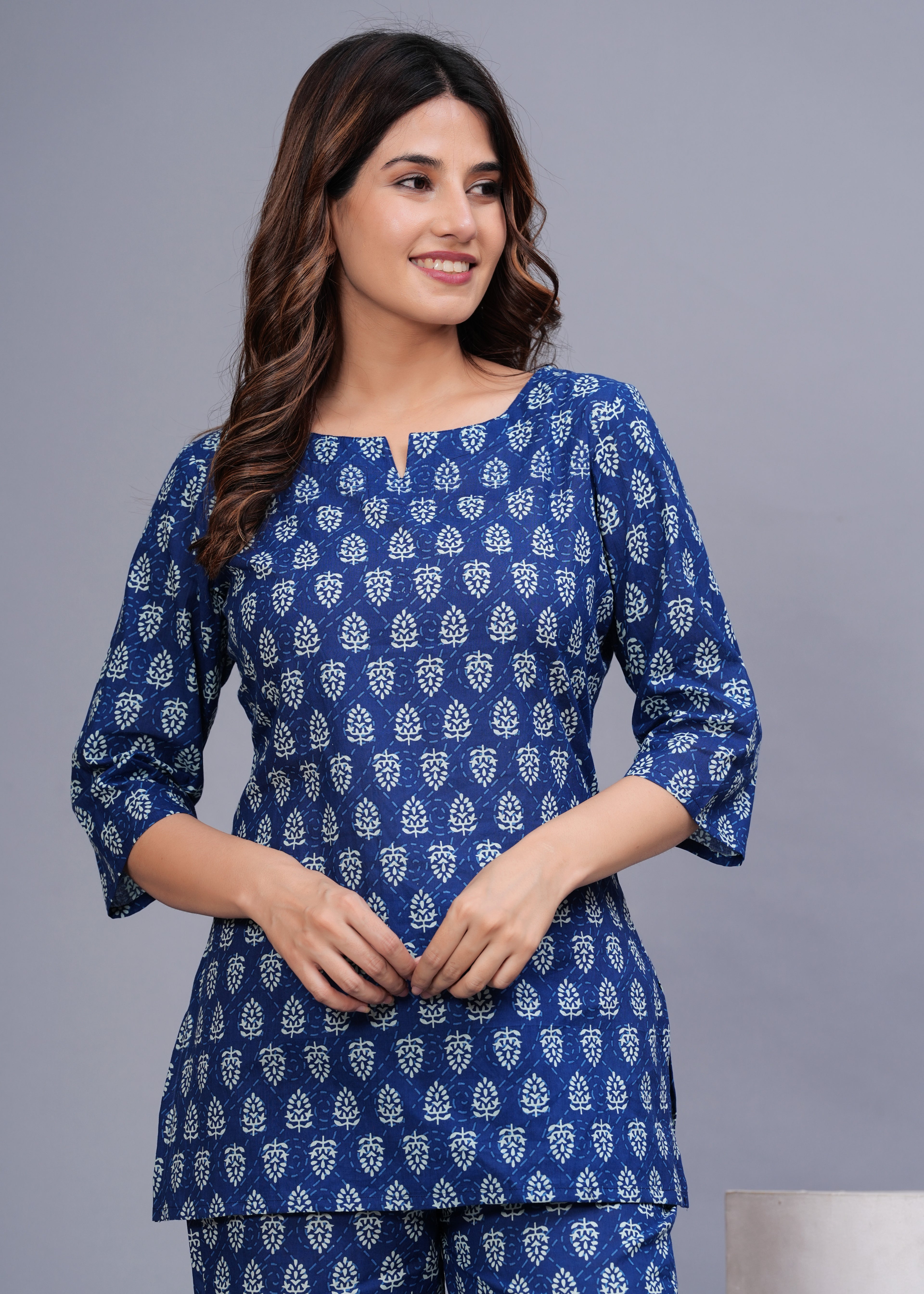 Women Blue & White Printed Pure Cotton Co-Ord Set