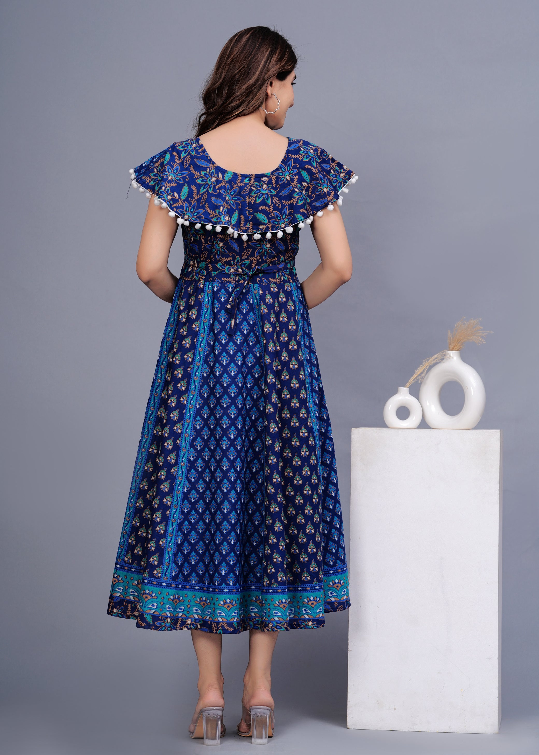 Women’s Blue Ethnic Printed Midi Dress – Flared A-Line Fit with Pom-Pom Detailing
