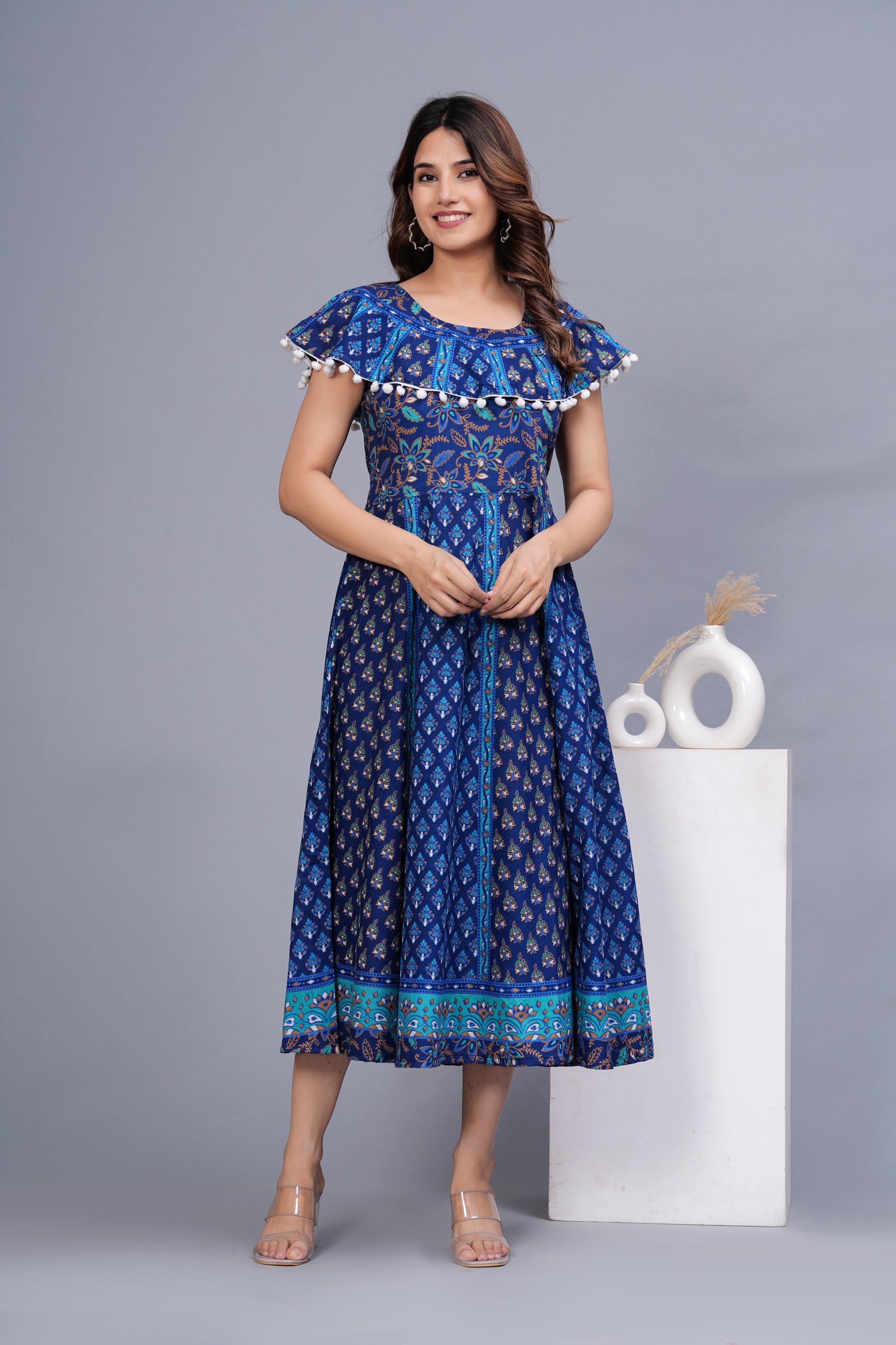 Women’s Blue Ethnic Printed Midi Dress – Flared A-Line Fit with Pom-Pom Detailing