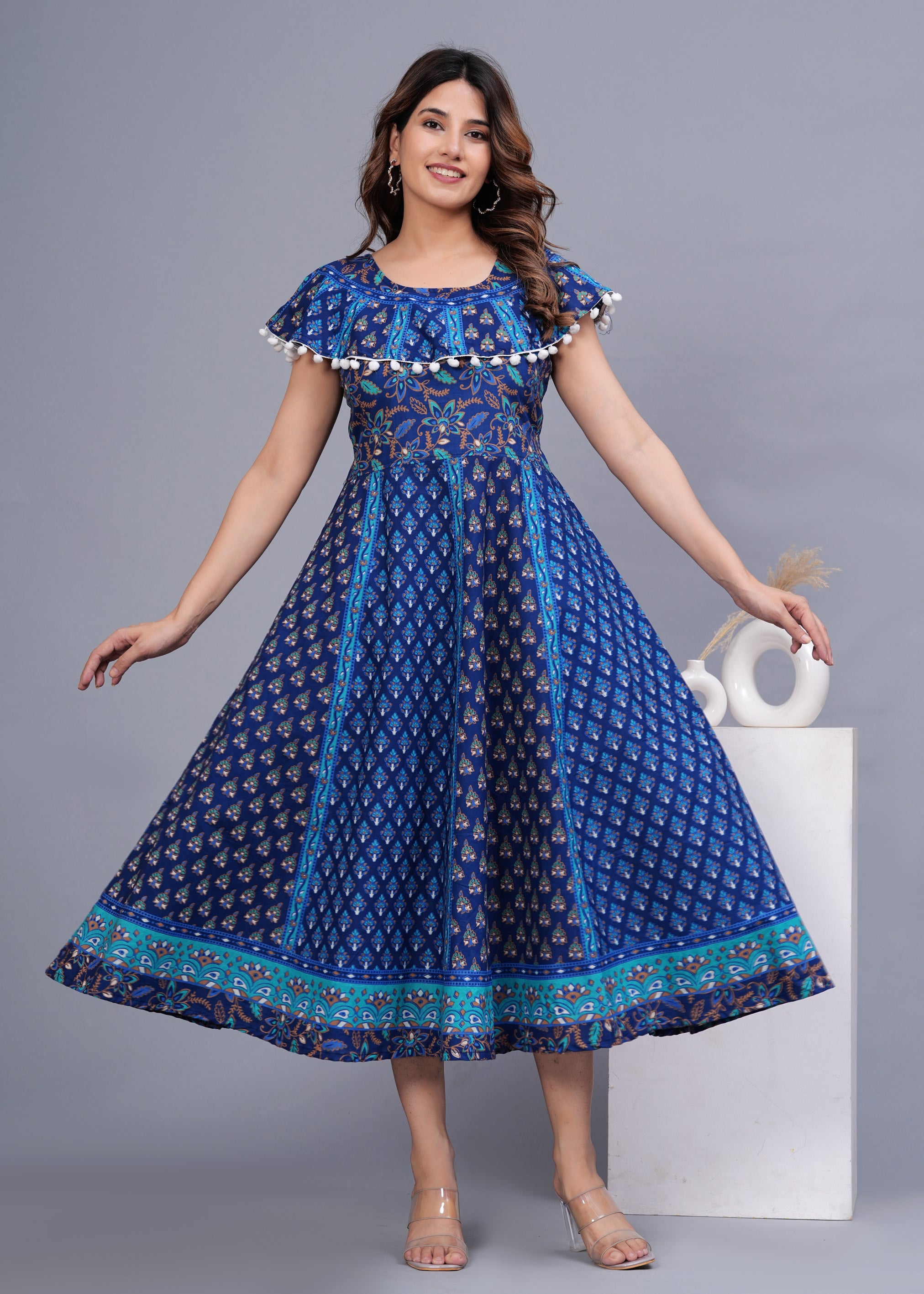 Women’s Blue Ethnic Printed Midi Dress – Flared A-Line Fit with Pom-Pom Detailing