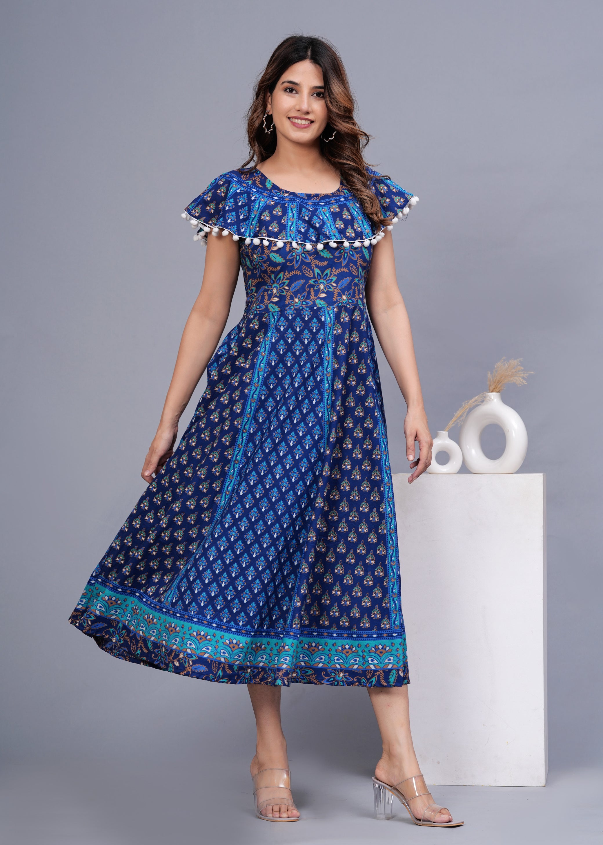 Women’s Blue Ethnic Printed Midi Dress – Flared A-Line Fit with Pom-Pom Detailing