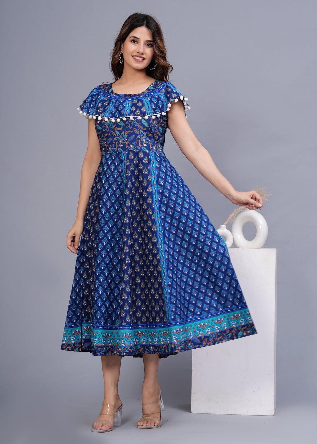 Women’s Blue Ethnic Printed Midi Dress – Flared A-Line Fit with Pom-Pom Detailing