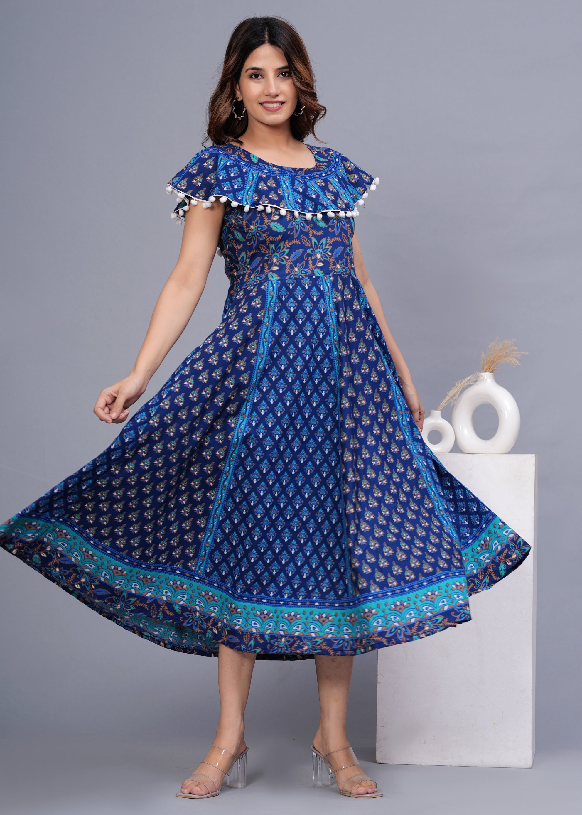 Women’s Blue Ethnic Printed Midi Dress – Flared A-Line Fit with Pom-Pom Detailing