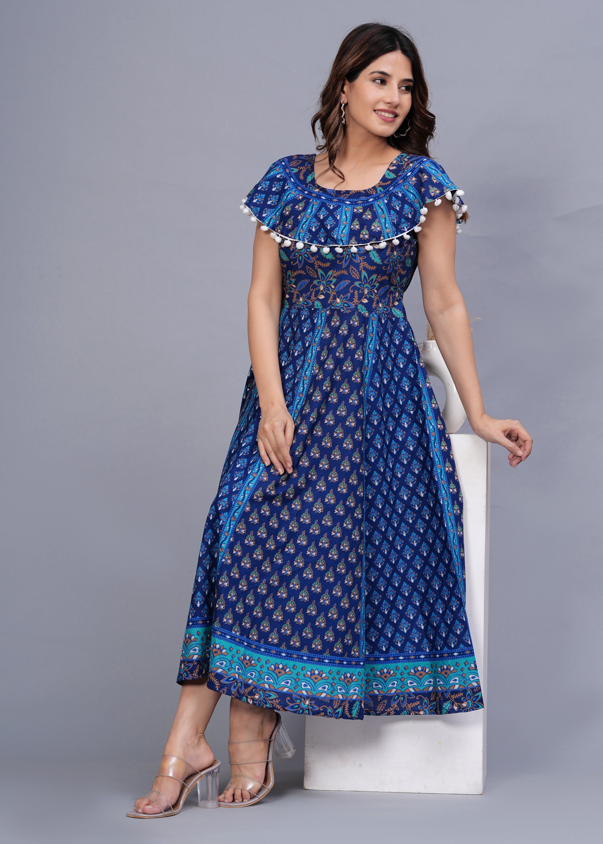 Women’s Blue Ethnic Printed Midi Dress – Flared A-Line Fit with Pom-Pom Detailing