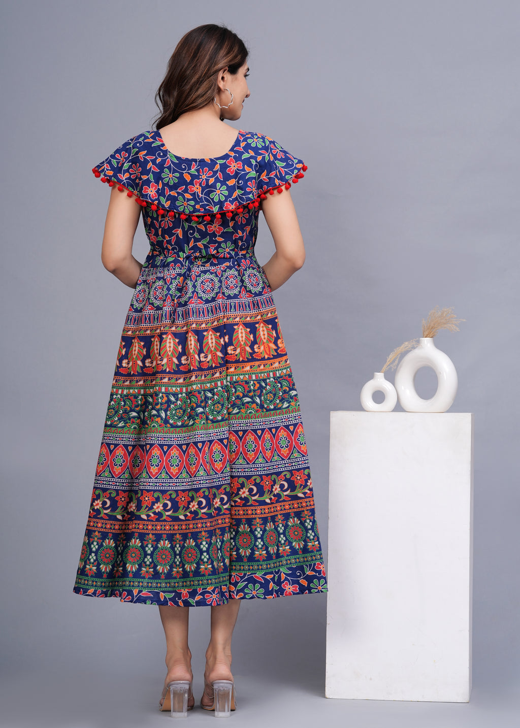 Women’s Multicolor Ethnic Printed Midi Dress – Boho Flared Fit with Pom-Pom Detailing