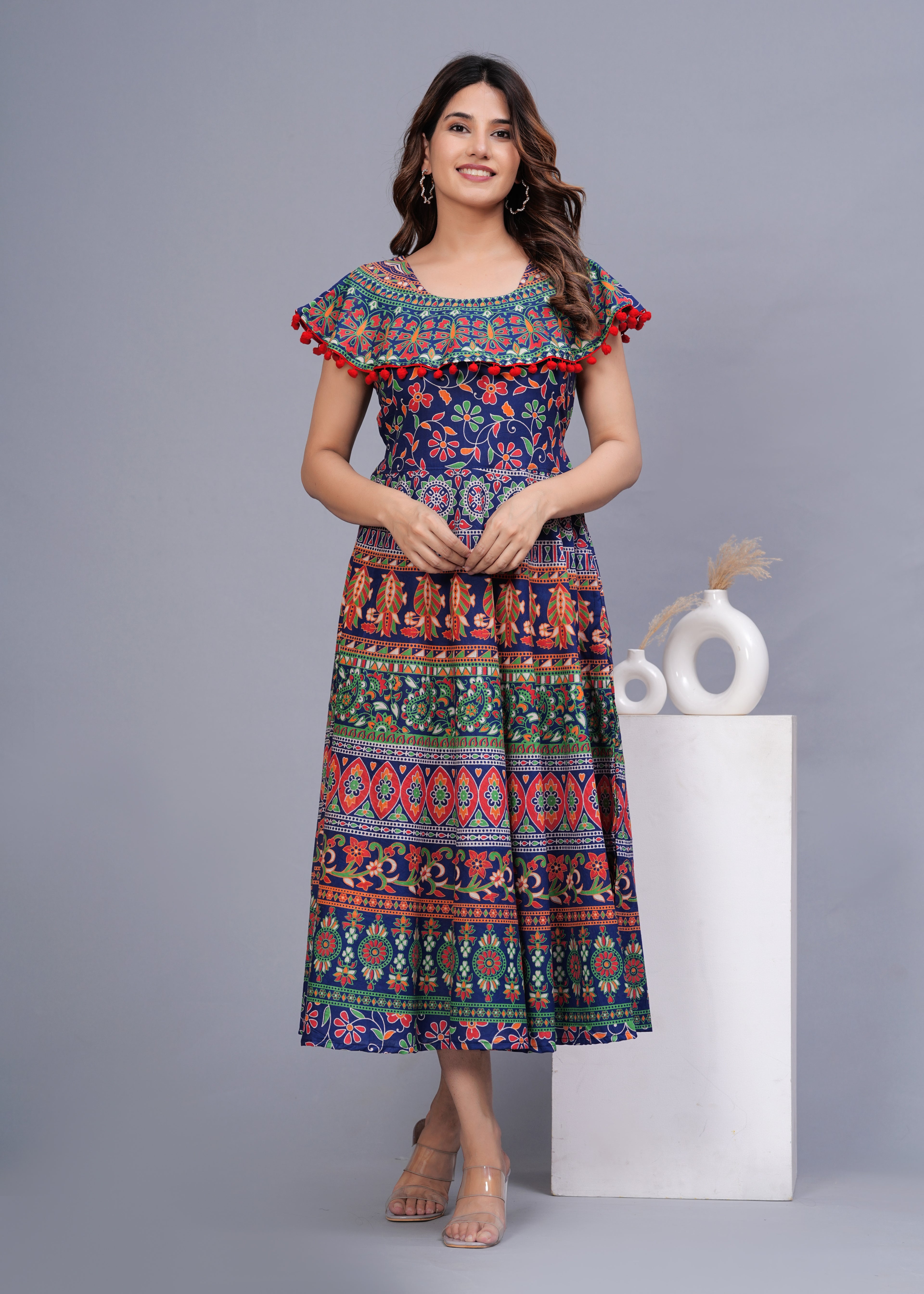 Women’s Multicolor Ethnic Printed Midi Dress – Boho Flared Fit with Pom-Pom Detailing