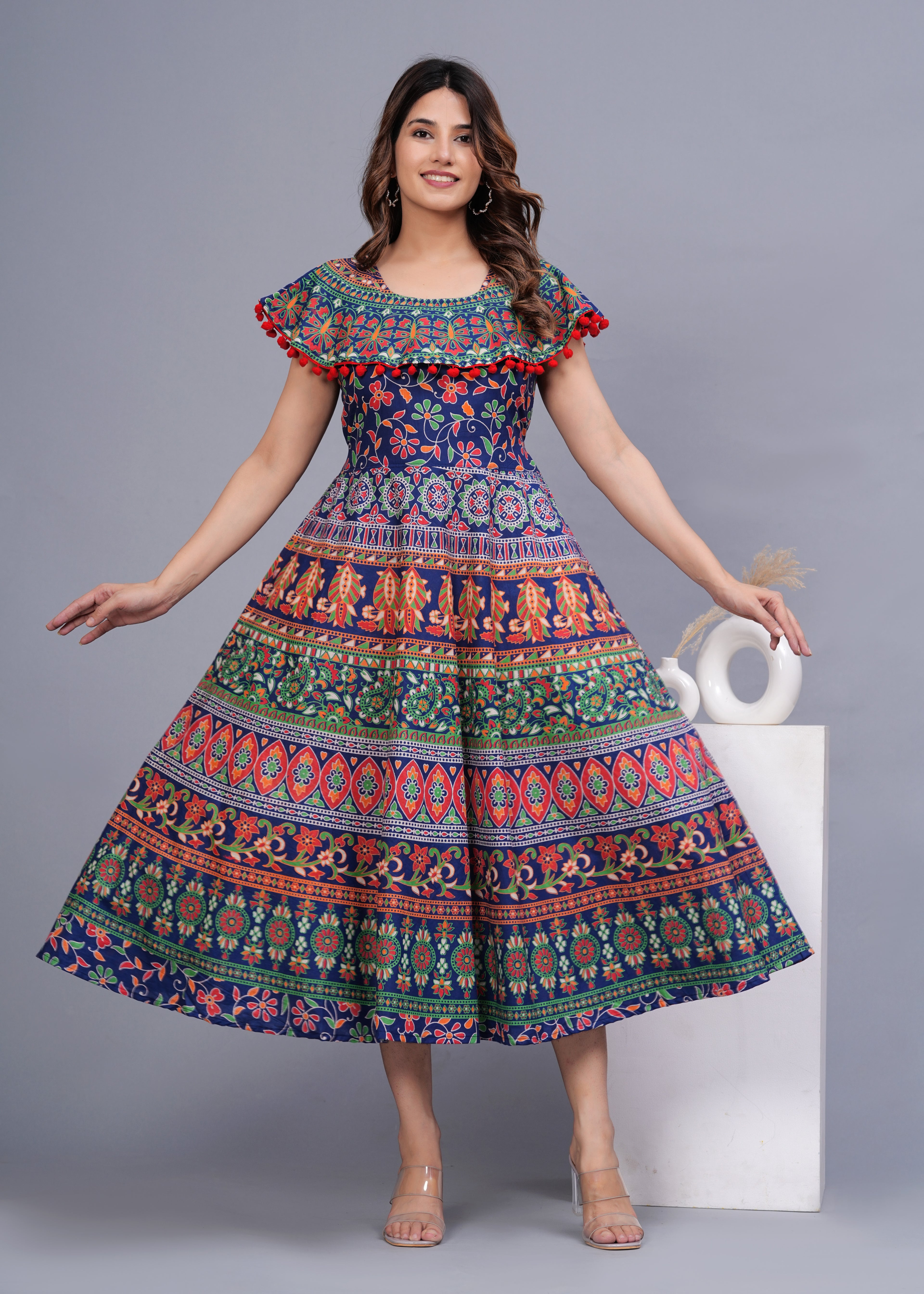 Women’s Multicolor Ethnic Printed Midi Dress – Boho Flared Fit with Pom-Pom Detailing