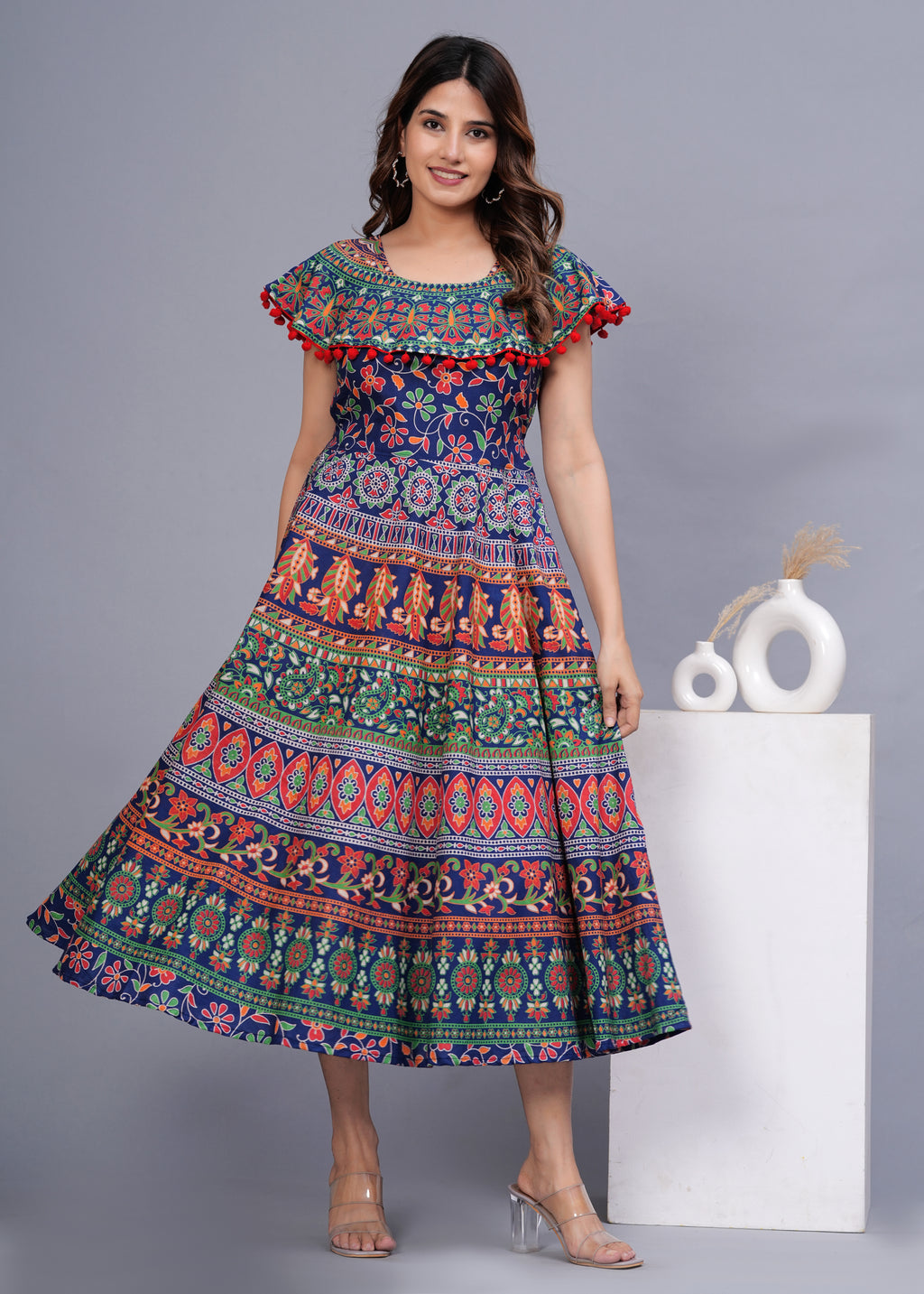 Women’s Multicolor Ethnic Printed Midi Dress – Boho Flared Fit with Pom-Pom Detailing