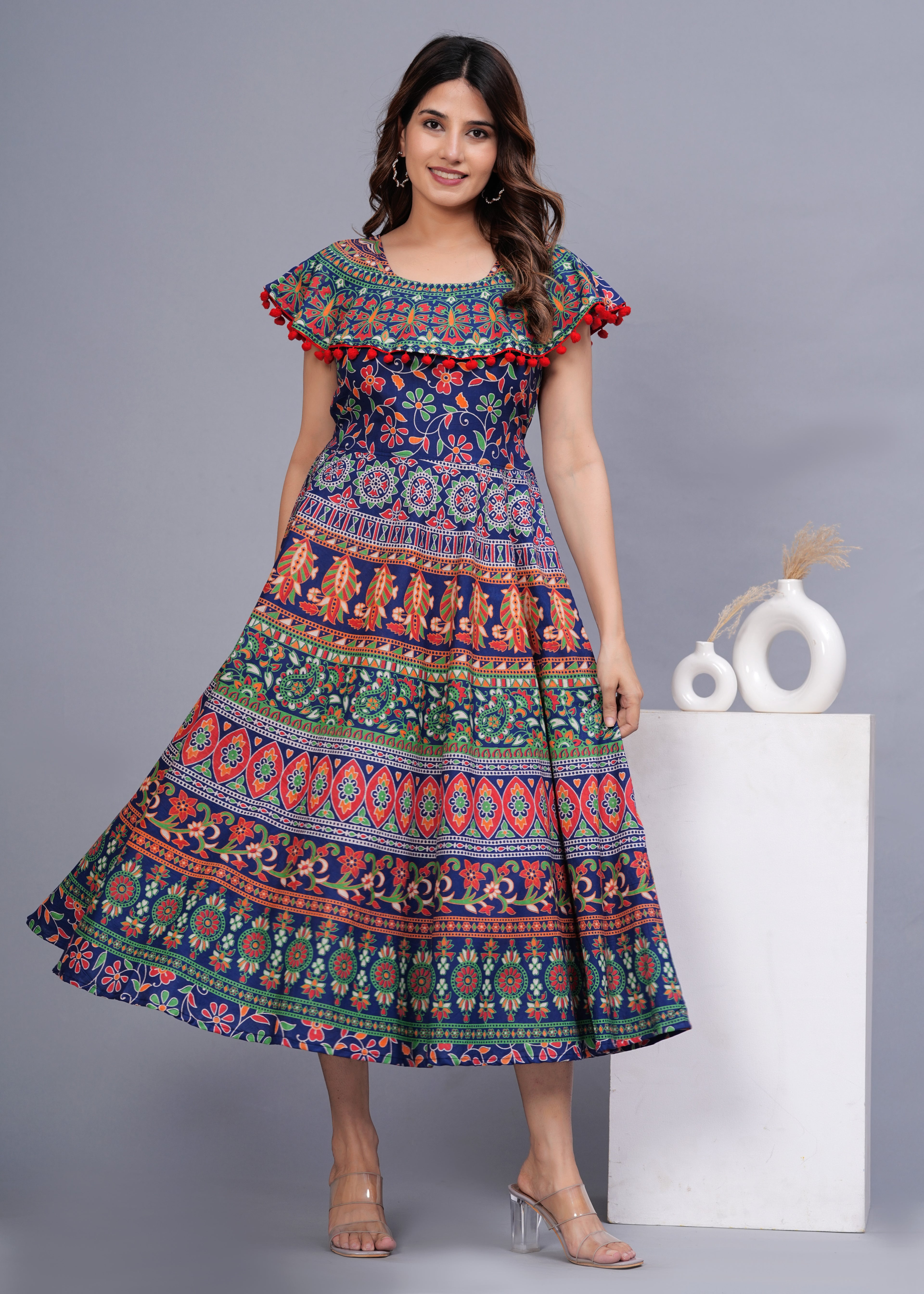 Women’s Multicolor Ethnic Printed Midi Dress – Boho Flared Fit with Pom-Pom Detailing