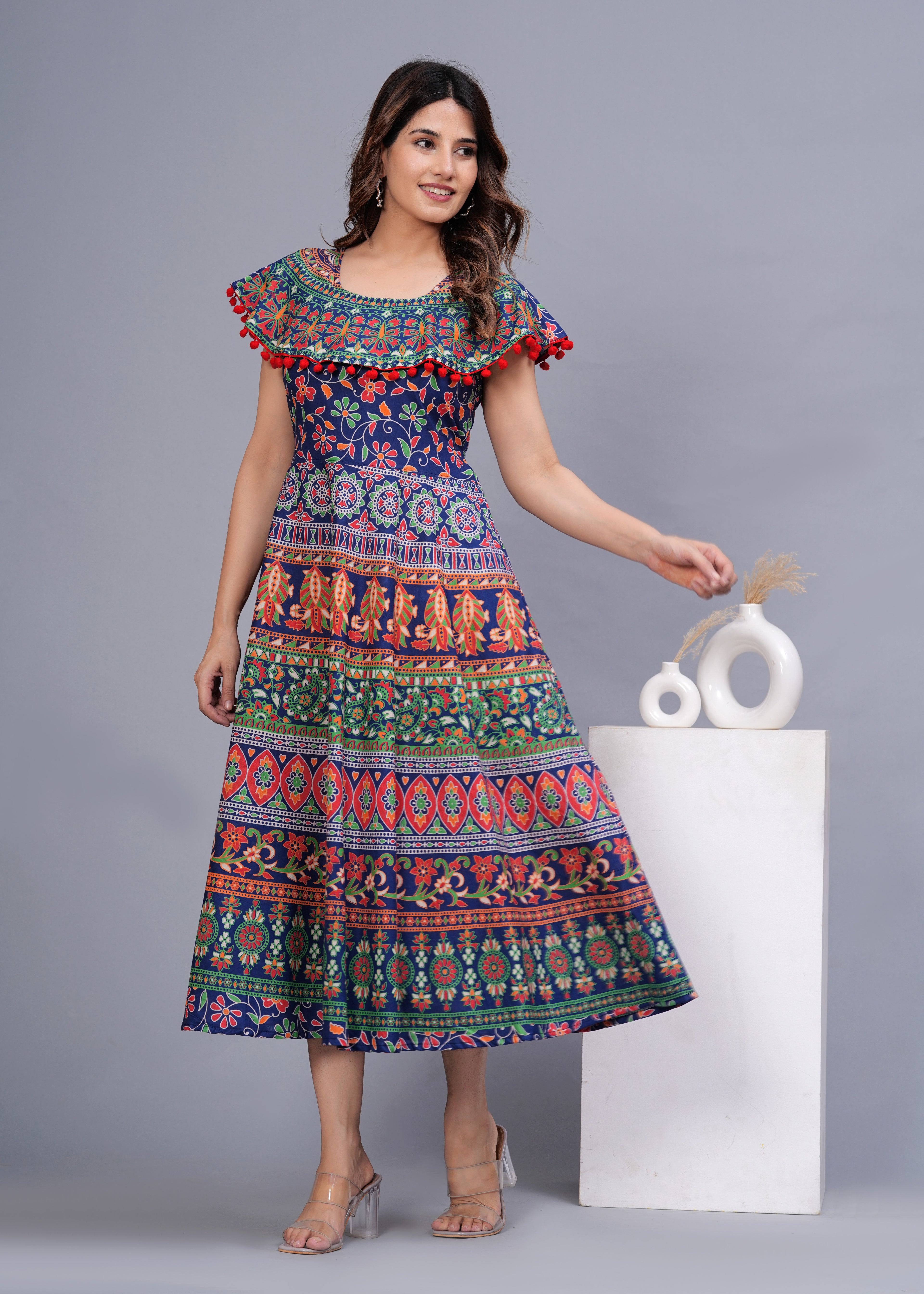 Women’s Multicolor Ethnic Printed Midi Dress – Boho Flared Fit with Pom-Pom Detailing