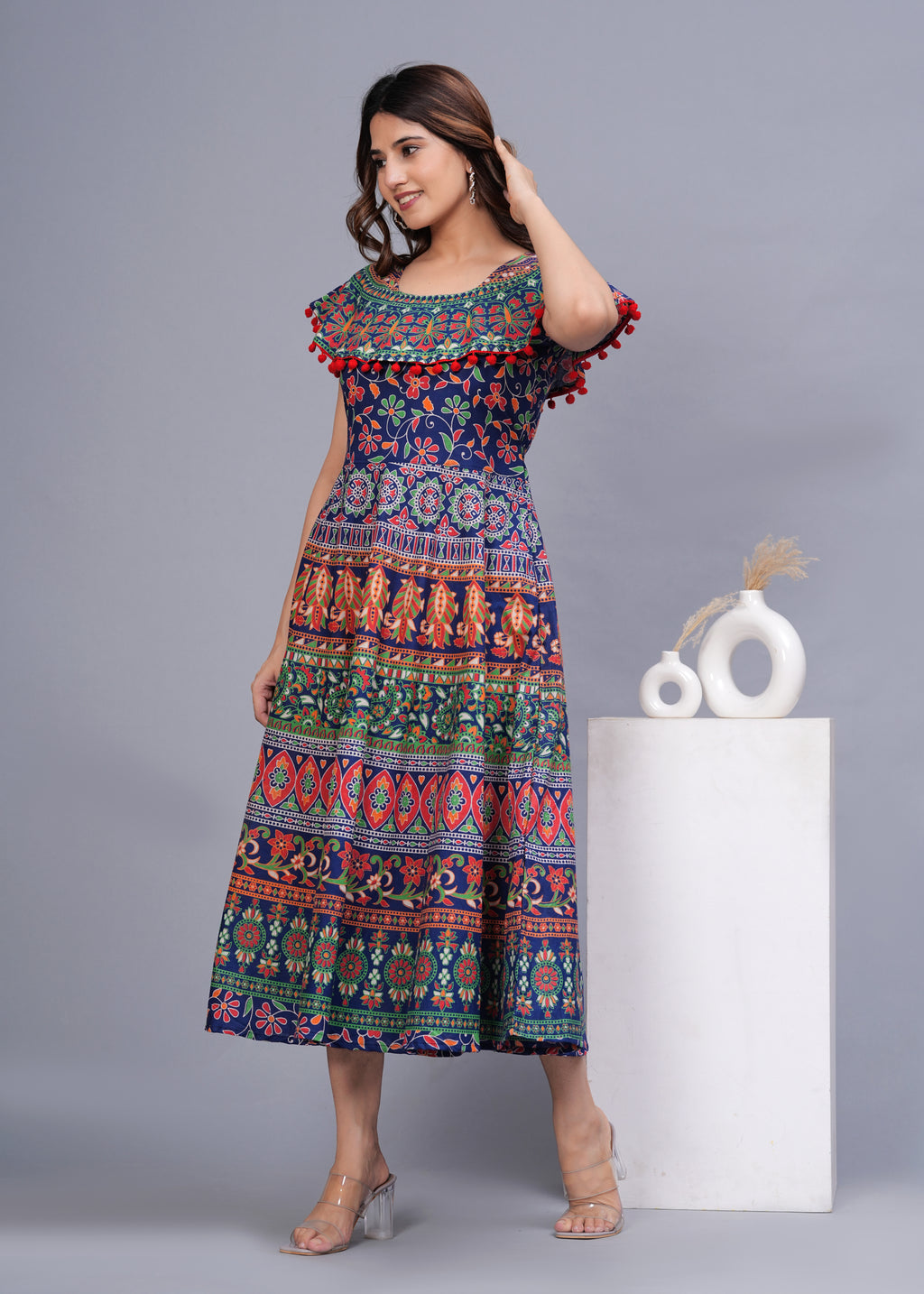 Women’s Multicolor Ethnic Printed Midi Dress – Boho Flared Fit with Pom-Pom Detailing