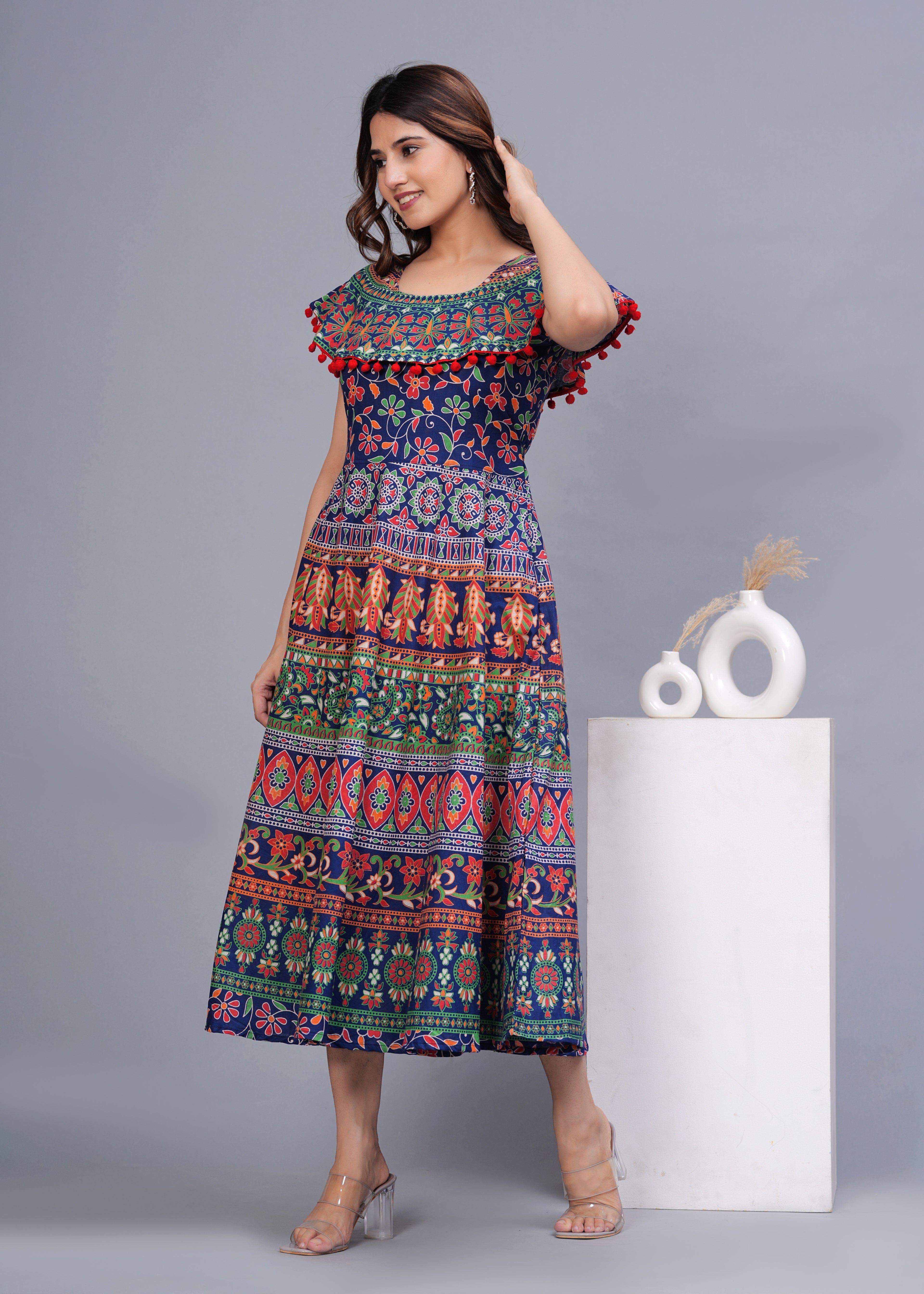 Women’s Multicolor Ethnic Printed Midi Dress – Boho Flared Fit with Pom-Pom Detailing