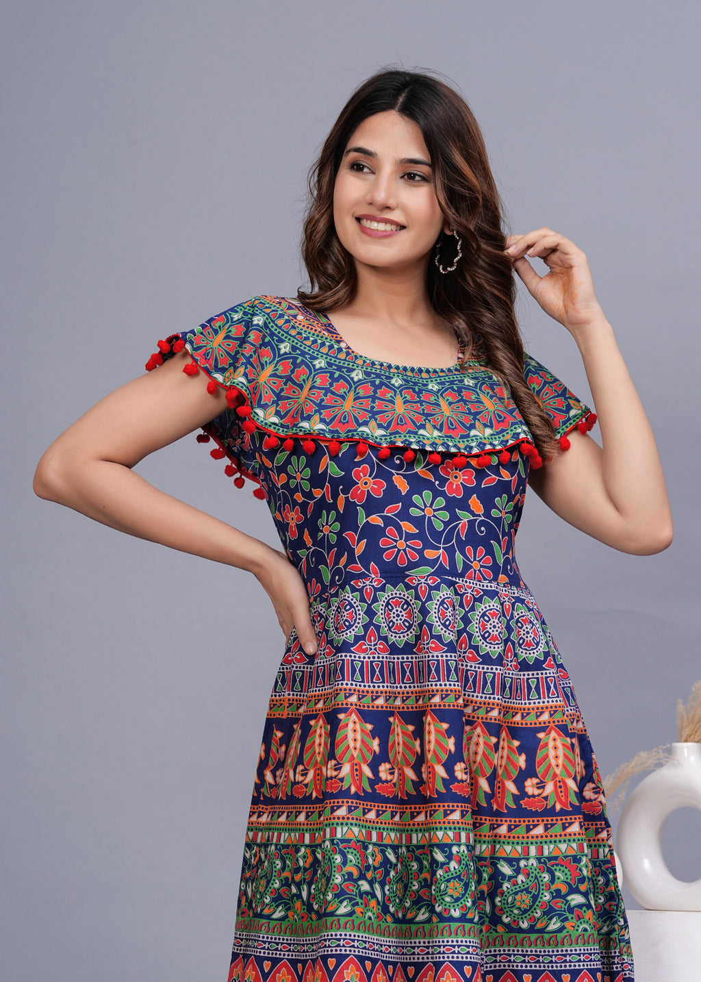 Women’s Multicolor Ethnic Printed Midi Dress – Boho Flared Fit with Pom-Pom Detailing