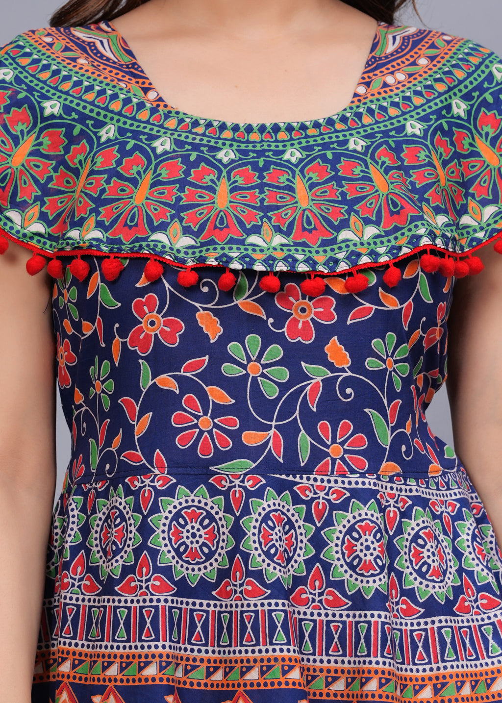 Women’s Multicolor Ethnic Printed Midi Dress – Boho Flared Fit with Pom-Pom Detailing