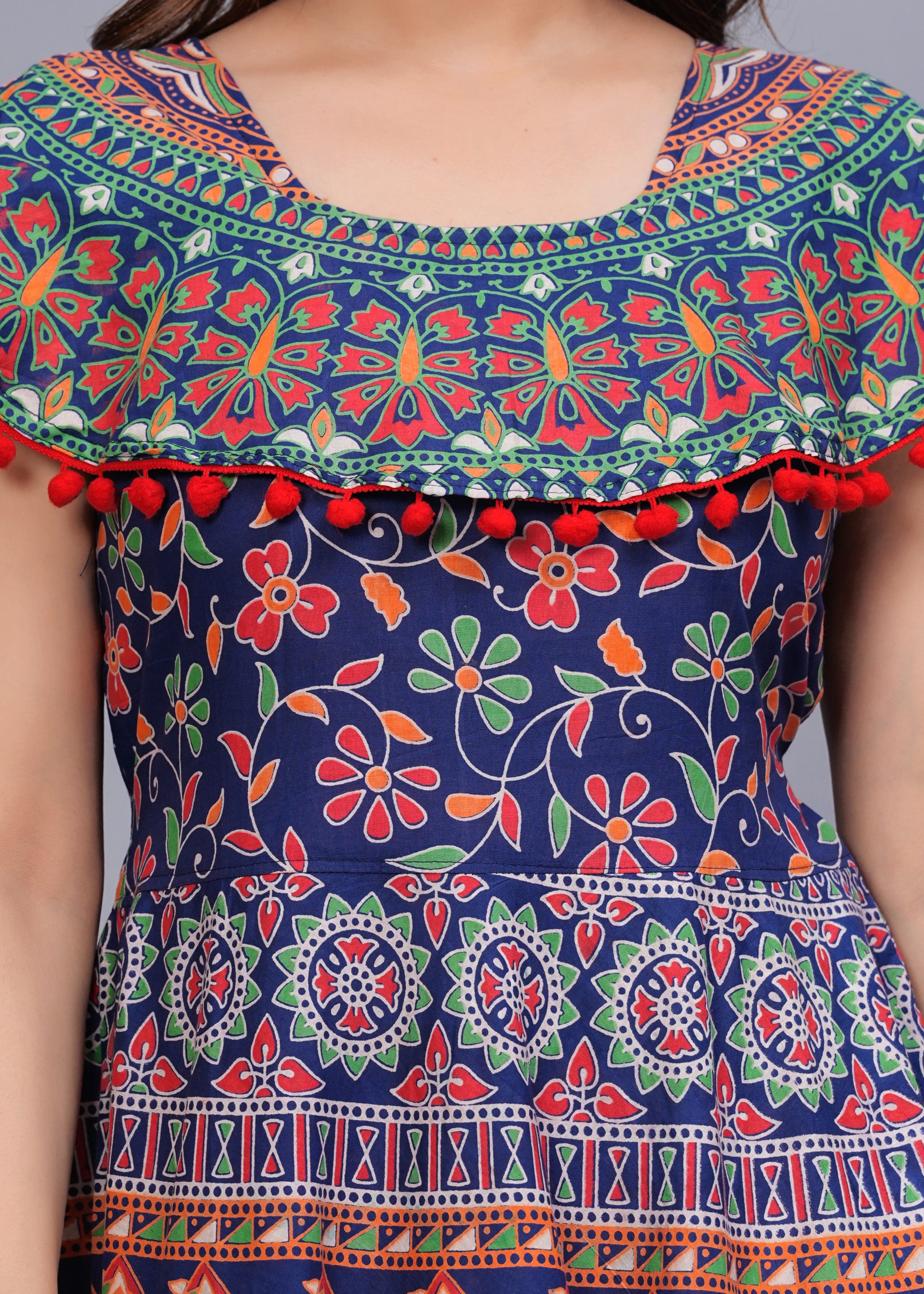 Women’s Multicolor Ethnic Printed Midi Dress – Boho Flared Fit with Pom-Pom Detailing