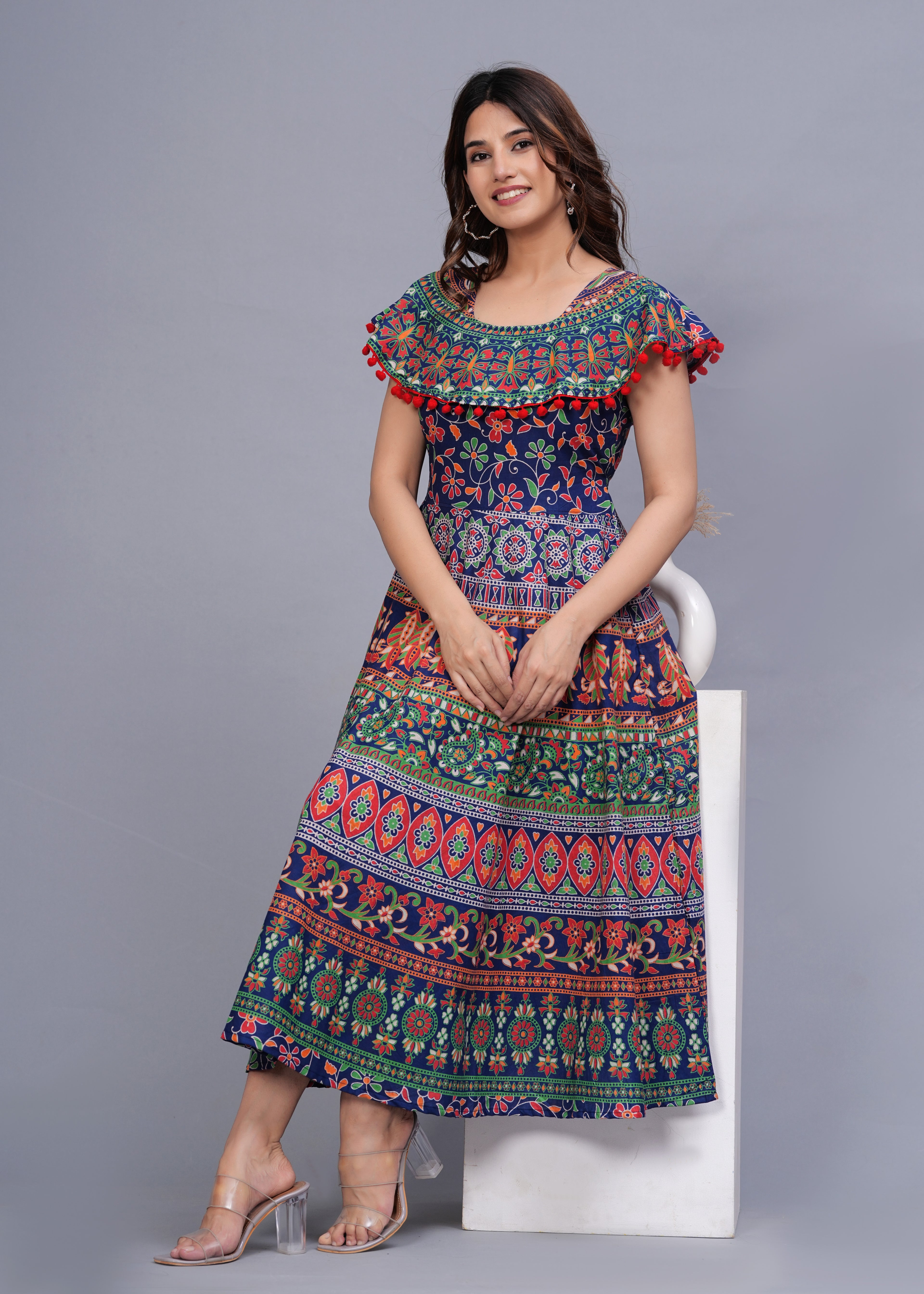 Women’s Multicolor Ethnic Printed Midi Dress – Boho Flared Fit with Pom-Pom Detailing
