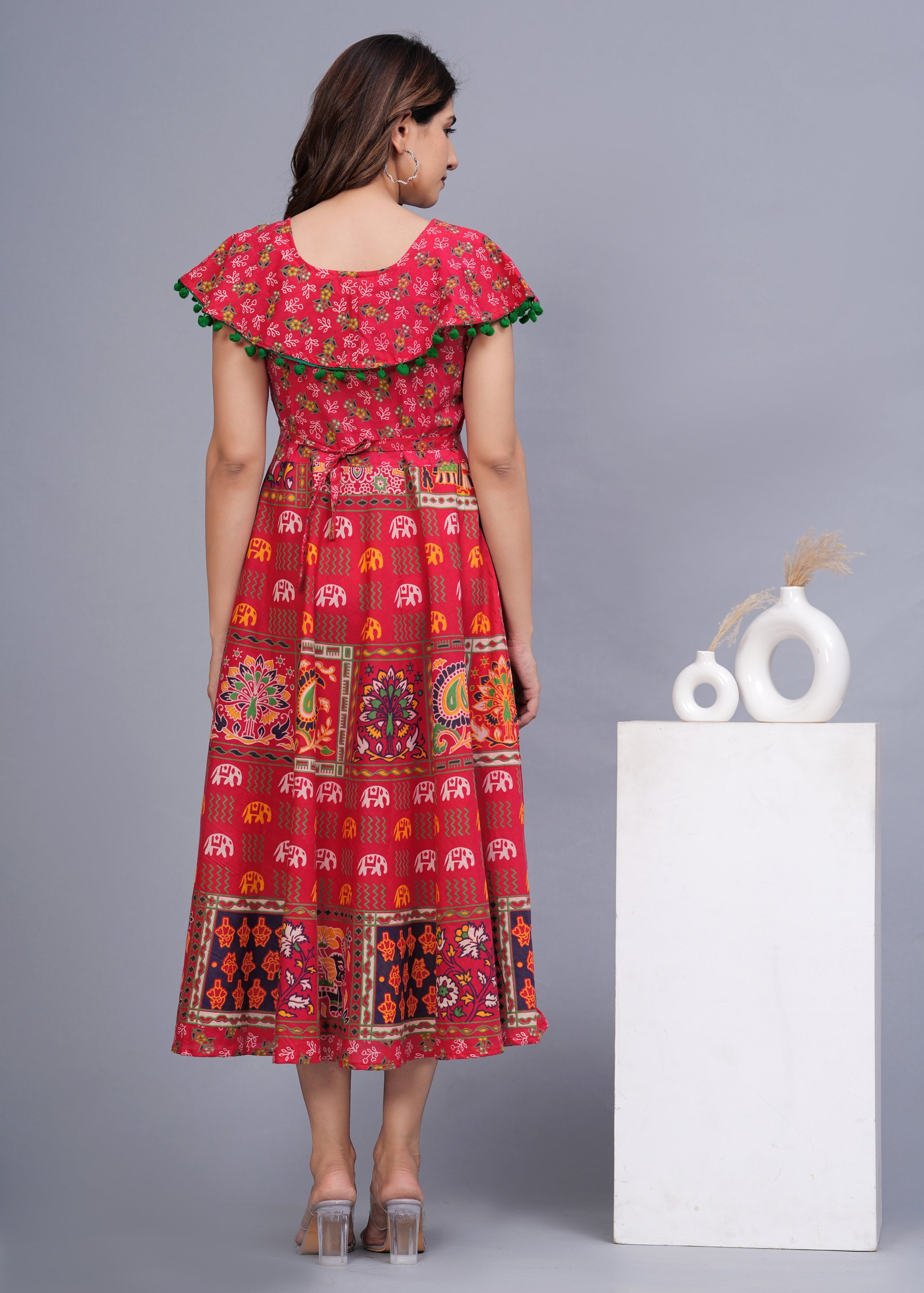 Women’s Red Ethnic Printed Midi Dress – Boho Flared Fit with Pom-Pom Detailing
